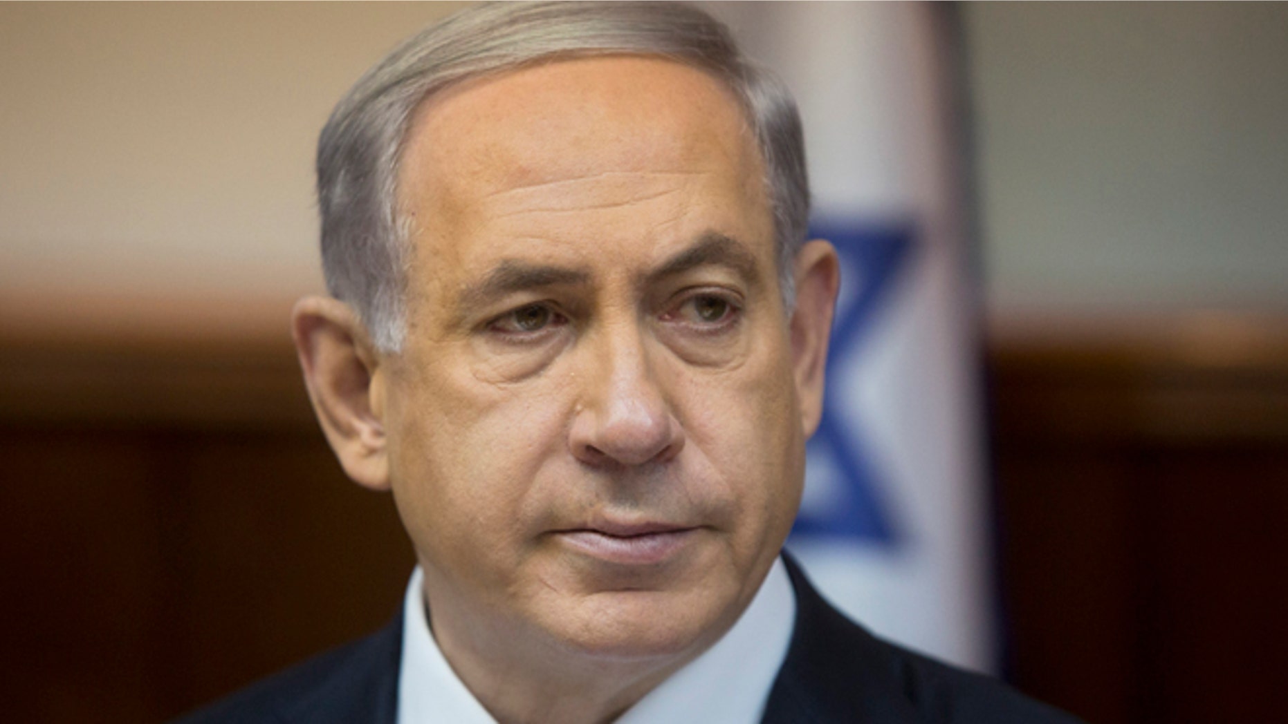 Feb. 8, 2015: Israeli Prime Minister Benjamin Netanyahu attends the weekly cabinet meeting in his Jerusalem office.