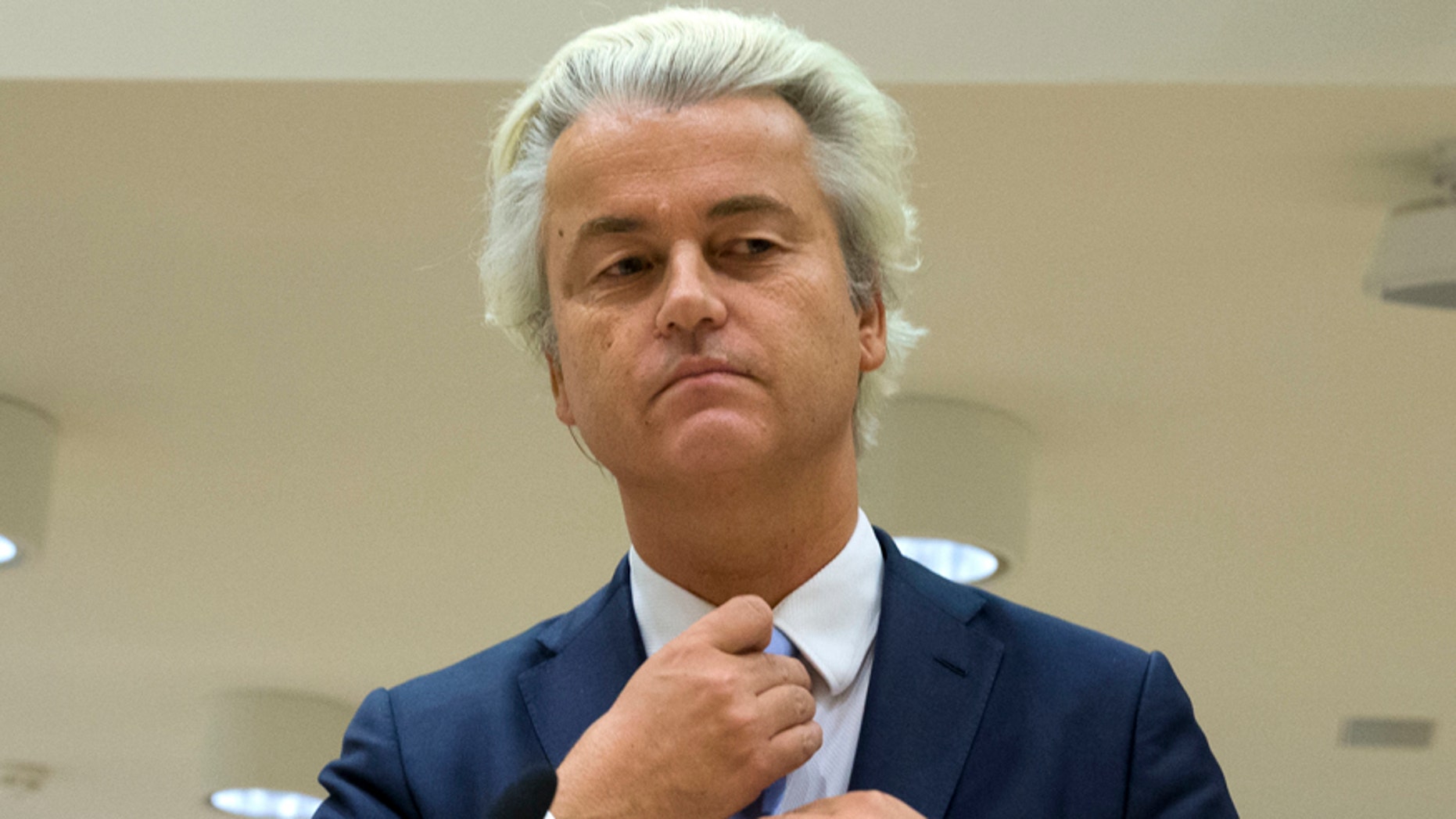 Nov. 23, 2016: Geert Wilders prepares to address judges at a high-security court near Schiphol Airport, Amsterdam.