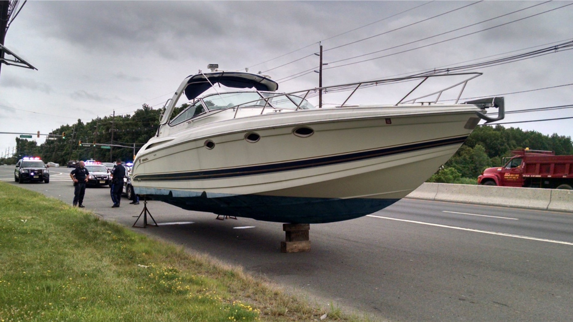 Police found a 37-foot boat on the side of Route 1 in South Brunswick, New Jersey.