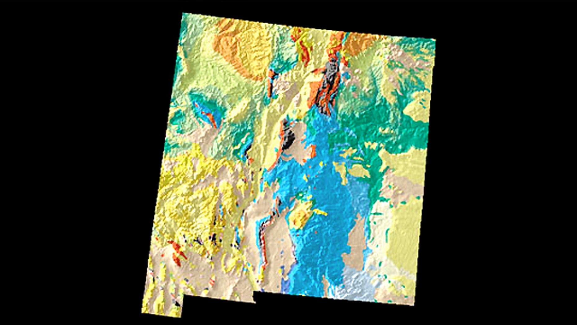 A geologic and topographic map of New Mexico, showing the ages of the rocks that make up the state: yellow and orange rocks come from the Tertiary Period and are 40 to 6o million years old, while blue colors indicate Permian-era rocks that can be as much as 250 million years old.