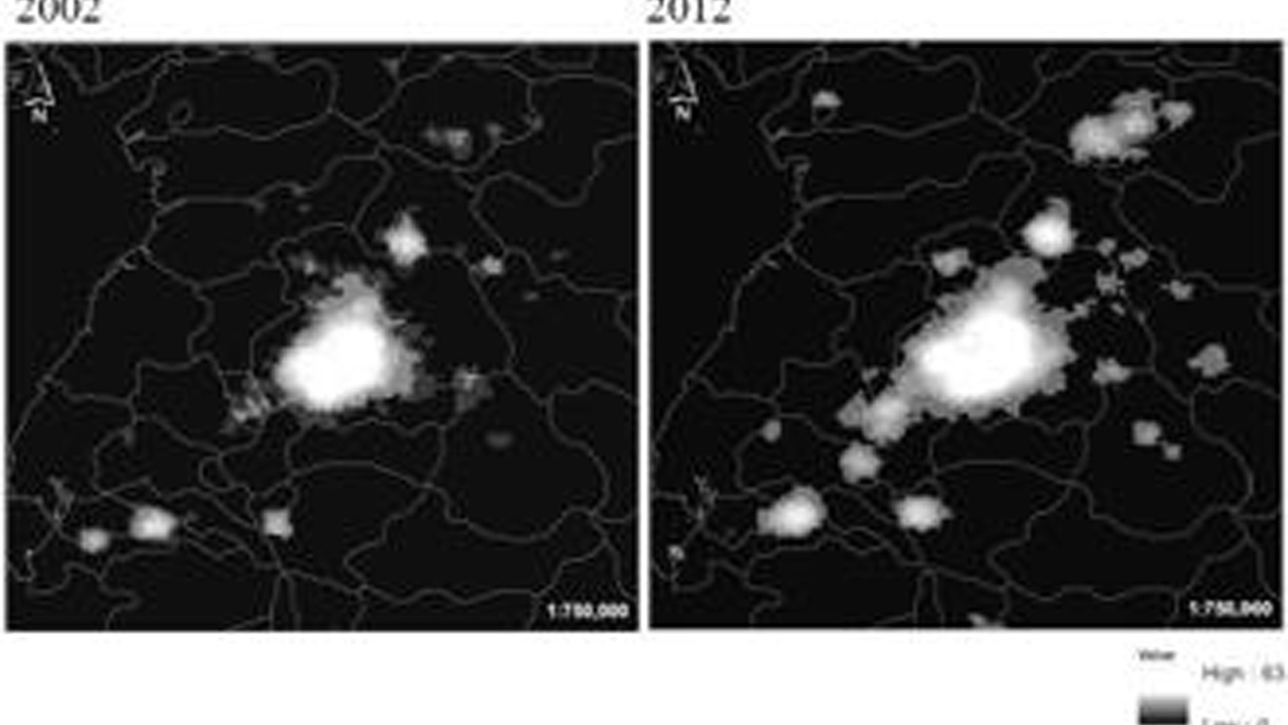 Satellite images show nighttime light in the North Korean capital city of Pyongyang and its surrounding areas in 2002 and 2012.