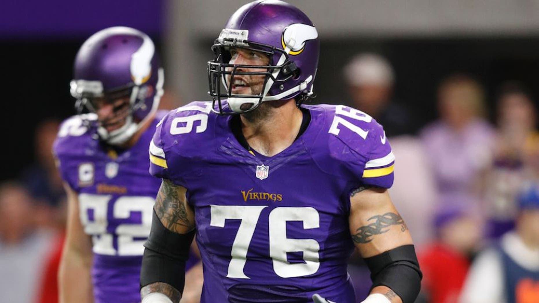 MINNEAPOLIS, MN - OCTOBER 03: Alex Boone #76 of the Minnesota Vikings looks on against the New York Giants during the game at U.S. Bank Stadium on October 3, 2016 in Minneapolis, Minnesota. The Vikings defeated the Giants 24-10. (Photo by Joe Robbins/Getty Images)