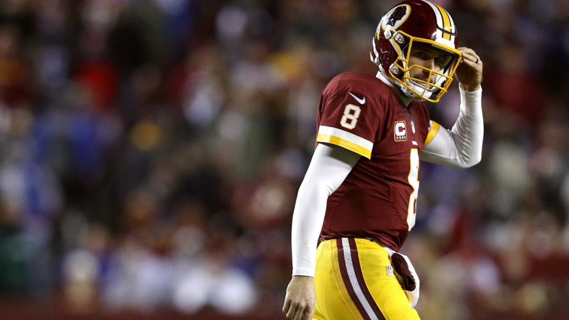 LANDOVER, MD - JANUARY 01: Quarterback Kirk Cousins #8 of the Washington Redskins looks on against the New York Giants in the third quarter at FedExField on January 1, 2017 in Landover, Maryland. (Photo by Patrick Smith/Getty Images)