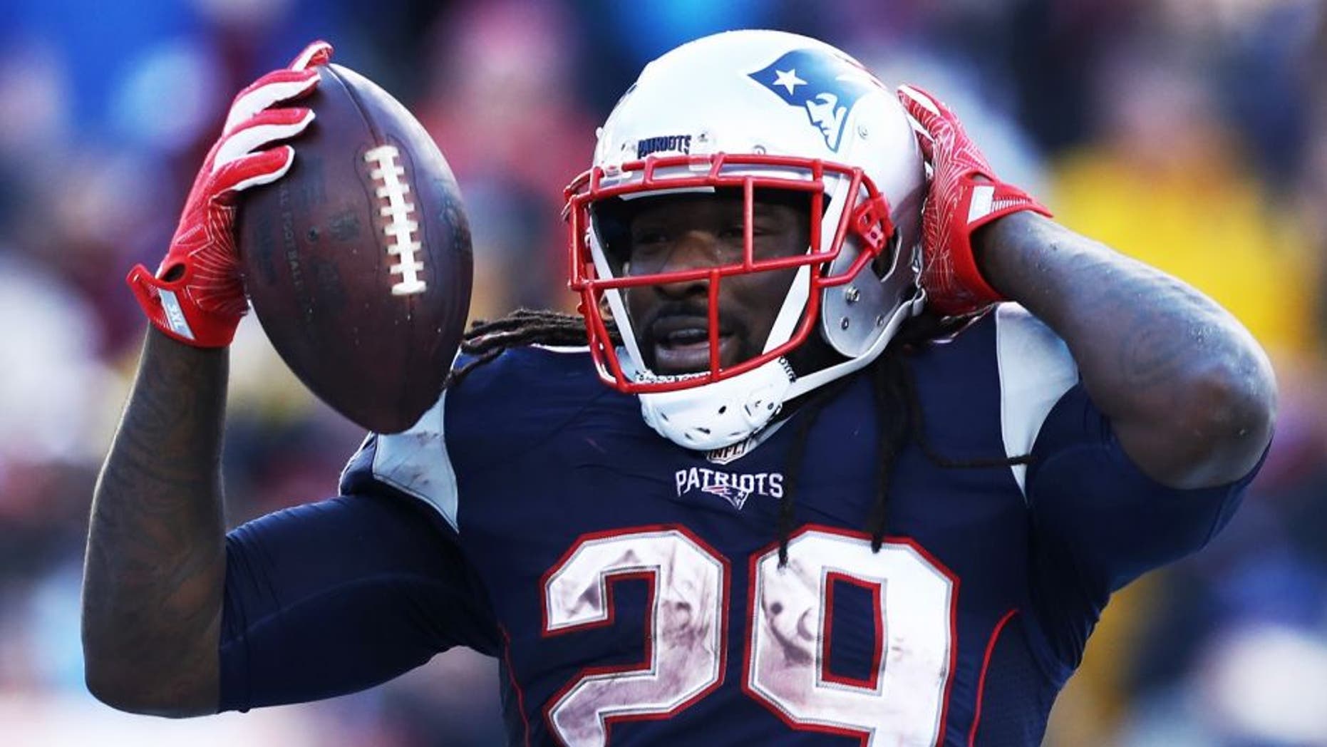 FOXBORO, MA - DECEMBER 24: LeGarrette Blount #29 of the New England Patriots celebrates after scoring a touchdown against the New York Jets during the first half at Gillette Stadium on December 24, 2016 in Foxboro, Massachusetts. (Photo by Maddie Meyer/Getty Images)