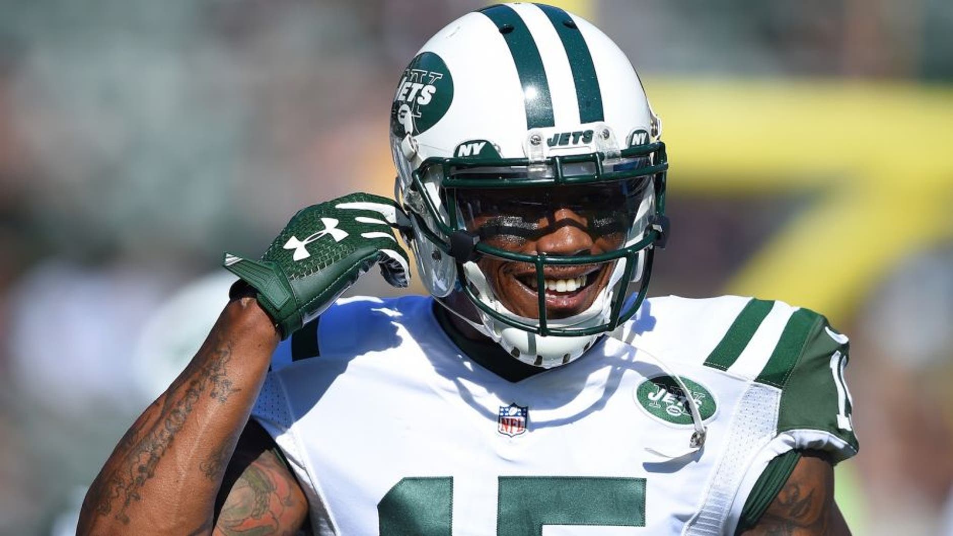 OAKLAND, CA - NOVEMBER 01: Wide receiver Brandon Marshall #15 of the New York Jets looks on during pregame warm ups prior to playing the Oakland Raiders in an NFL game at O.co Coliseum on November 1, 2015 in Oakland, California. (Photo by Thearon W. Henderson/Getty Images)