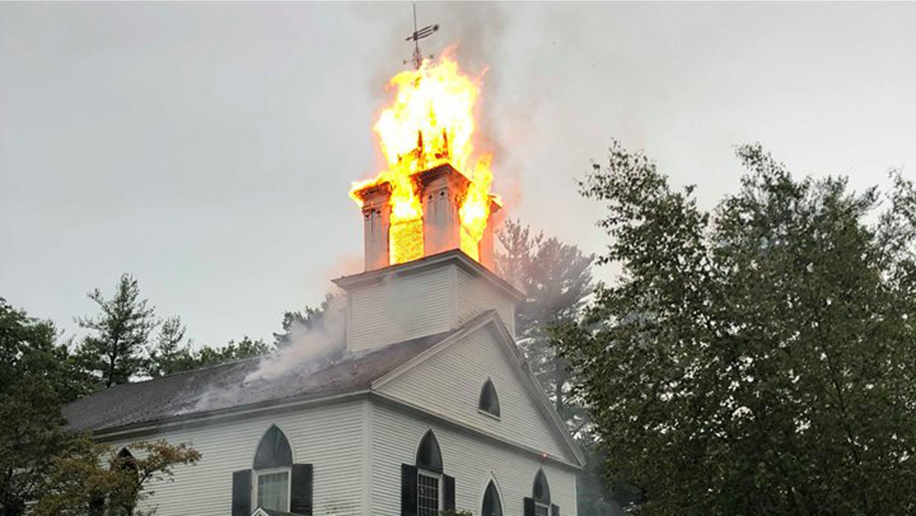 Lightning struck the steeple of the Crosswords Community Church in Bow, N.H. on Tuesday, destroying the steeple as storms passed through the area.