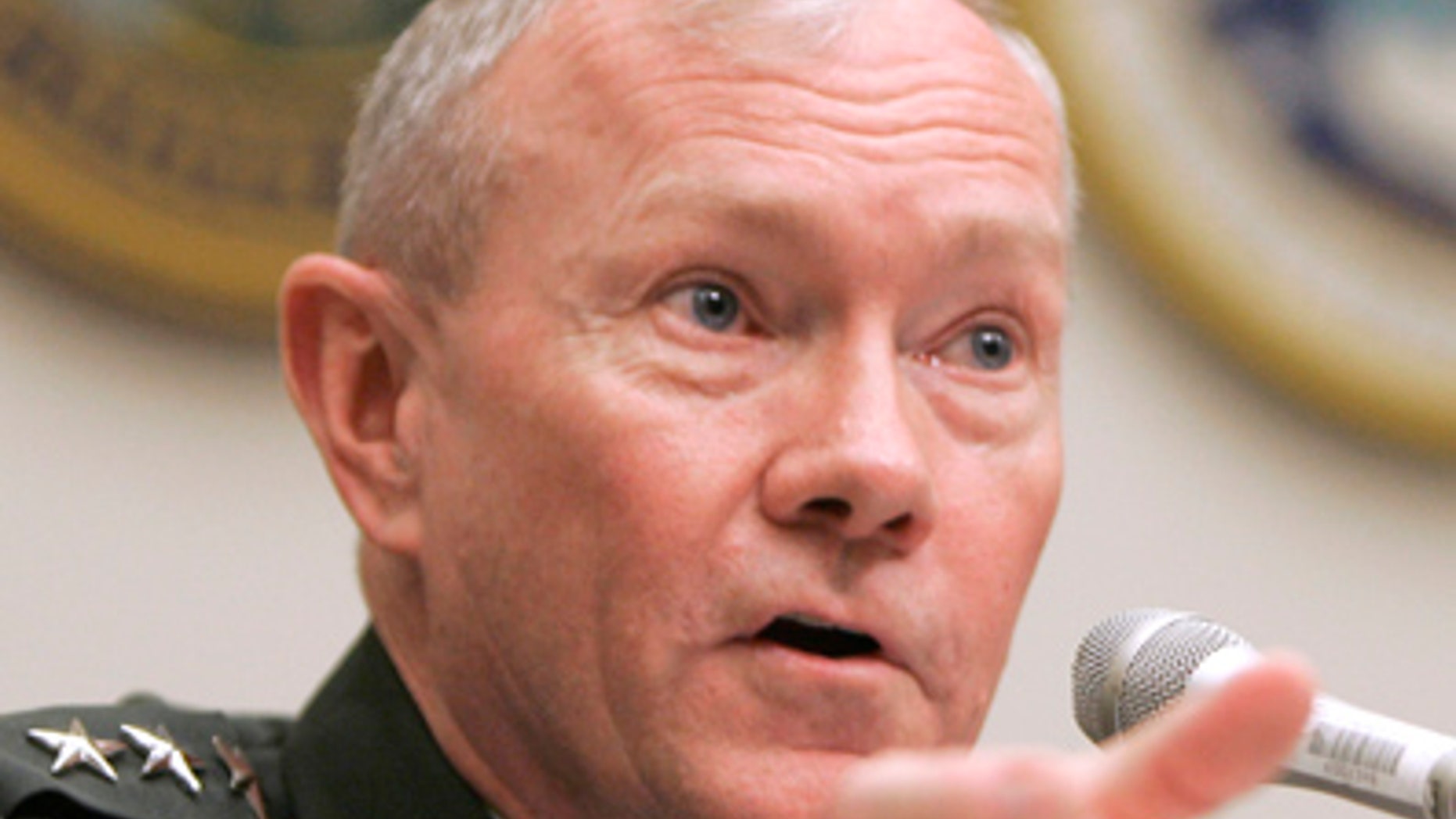 In this June 12, 2007 file photo, Army Lt. Gen. Martin Dempsey testifies on Capitol Hill in Washington. Dempsey, a general who just last month was installed as the Army's top officer has emerged as a surprise front runner in President Barack Obama's search for his next top military adviser, the final move in Obama's drive to reshuffle the upper tier of his national security team. (AP/File)