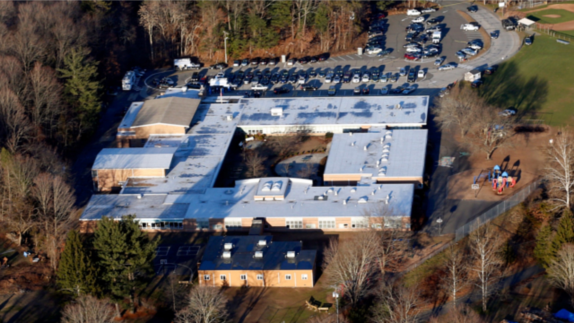 Dec. 14, 2012: This photo shows Sandy Hook Elementary School in Newtown, Conn., where a gunman shot 27 people dead, including 20 children.