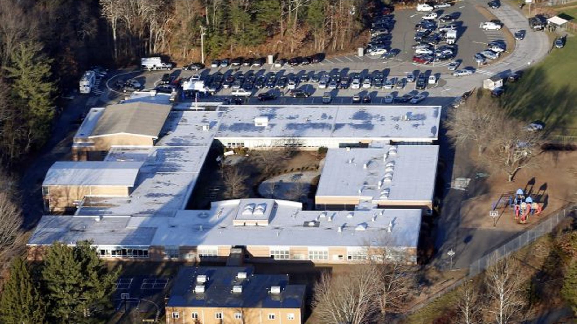 FILE: Dec. 14, 2012: This aerial photo shows Sandy Hook Elementary School in Newtown, Conn. Newtown, Conn.