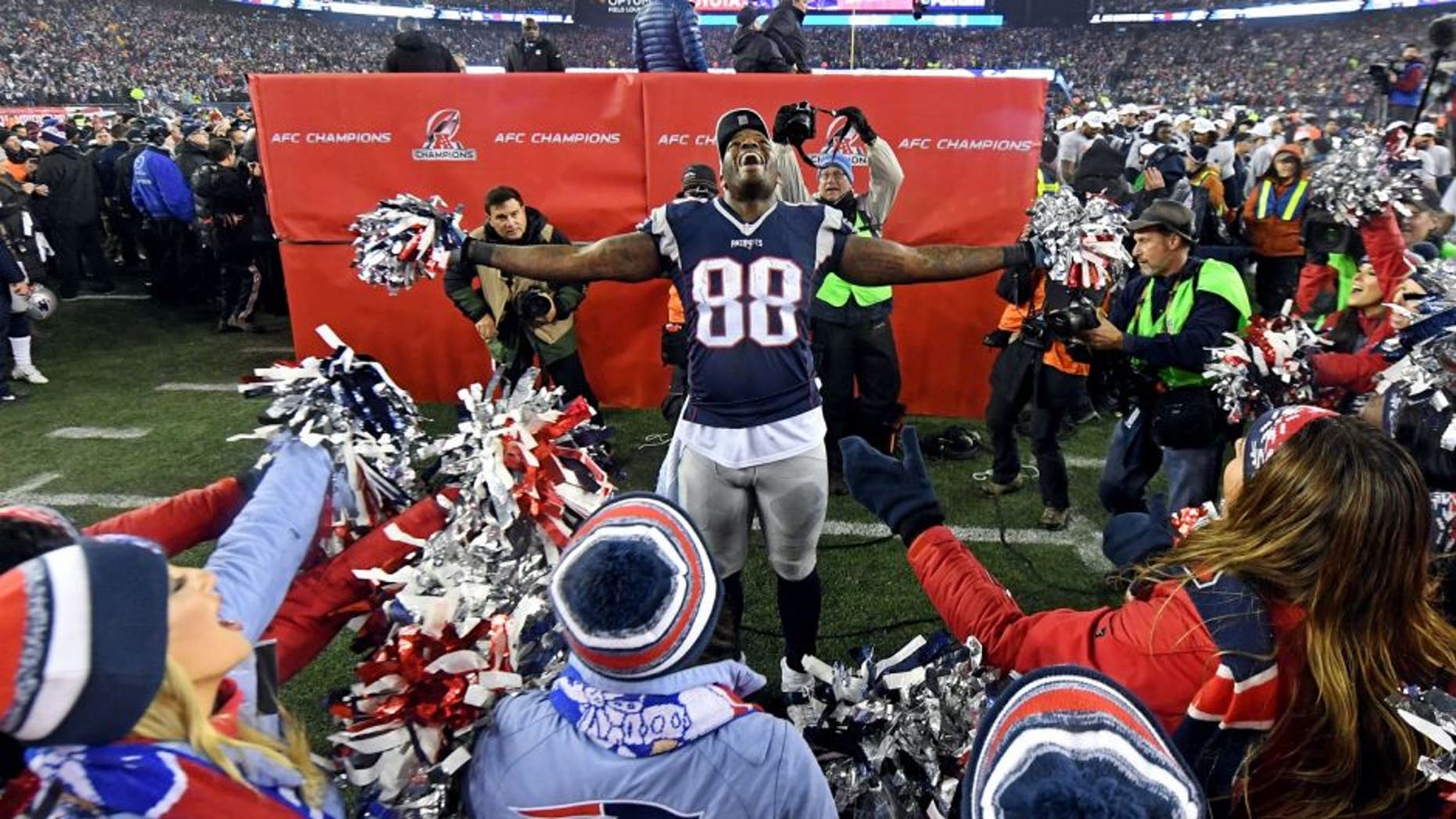 Jan 22, 2017; Foxborough, MA, USA; New England Patriots tight end Martellus Bennett (88) celebrates after the Pittsburgh Steelers in the 2017 AFC Championship Game at Gillette Stadium. Mandatory Credit: James Lang-USA TODAY Sports