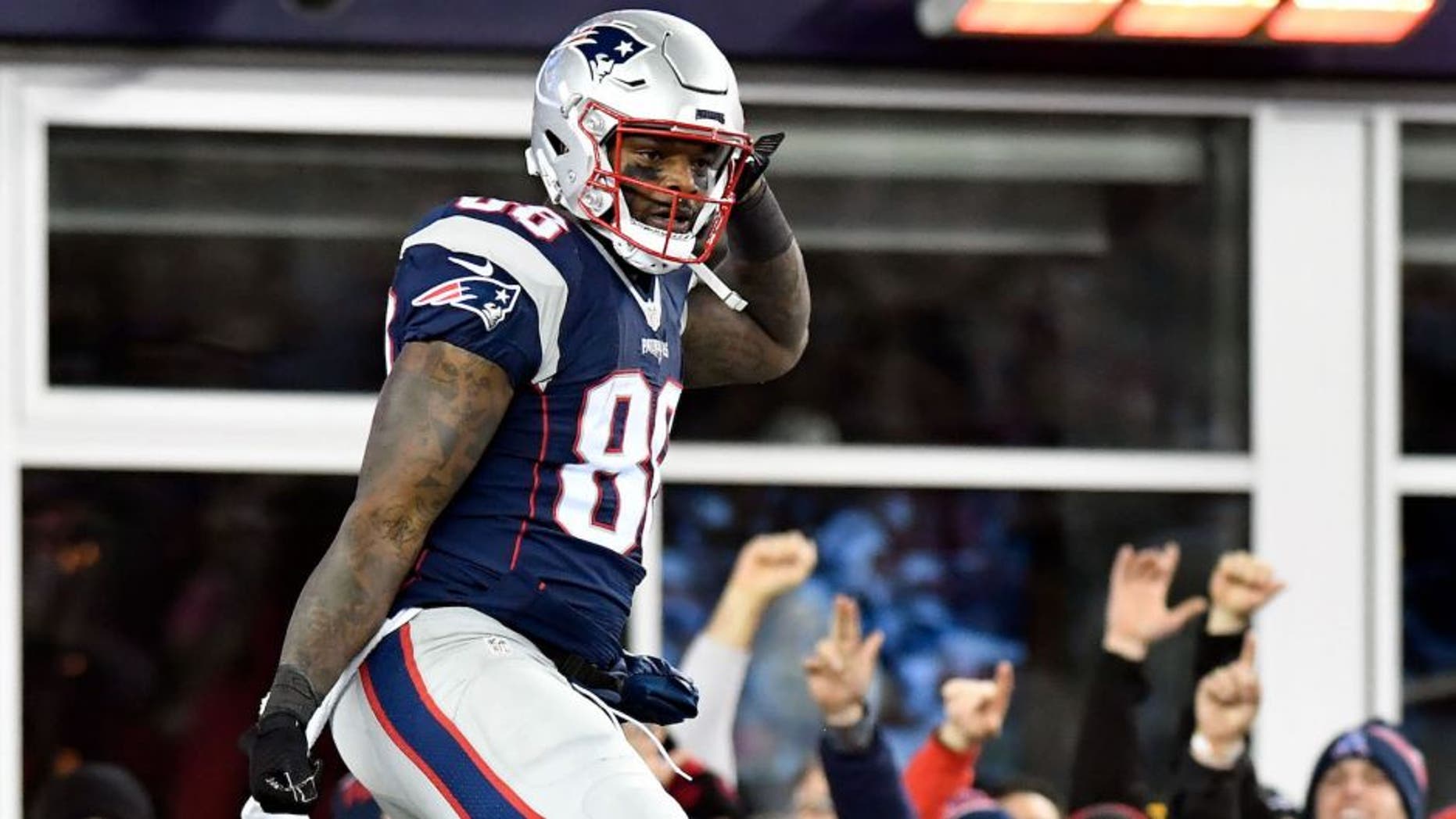 Patriots tight end Martellus Bennett celebrates after scoring a touchdown on Dec. 12.