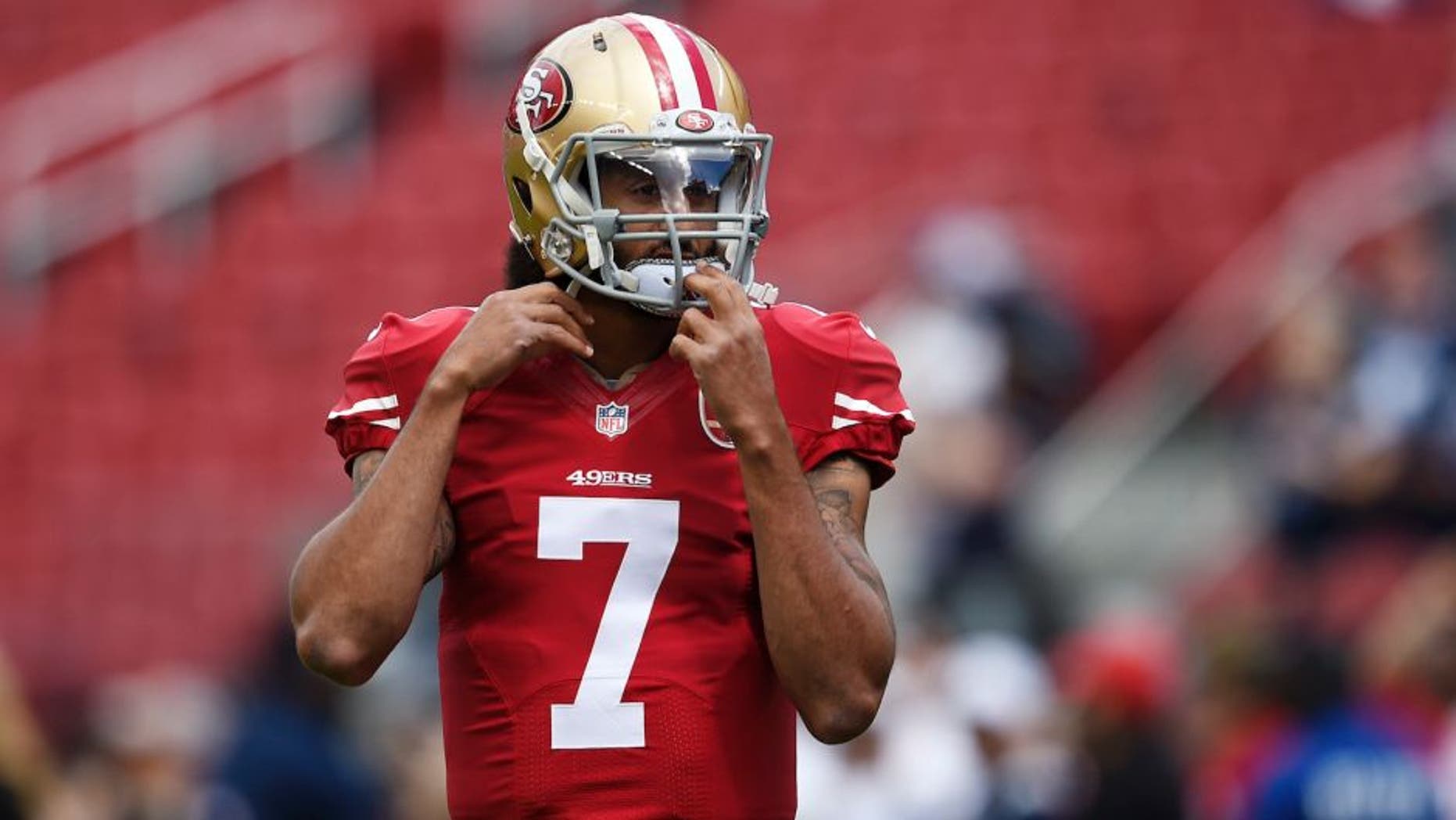 Oct 2, 2016; Santa Clara, CA, USA; San Francisco 49ers quarterback Colin Kaepernick (7) warms up prior to the game against the Dallas Cowboys at Levi's Stadium. Mandatory Credit: Kelvin Kuo-USA TODAY Sports