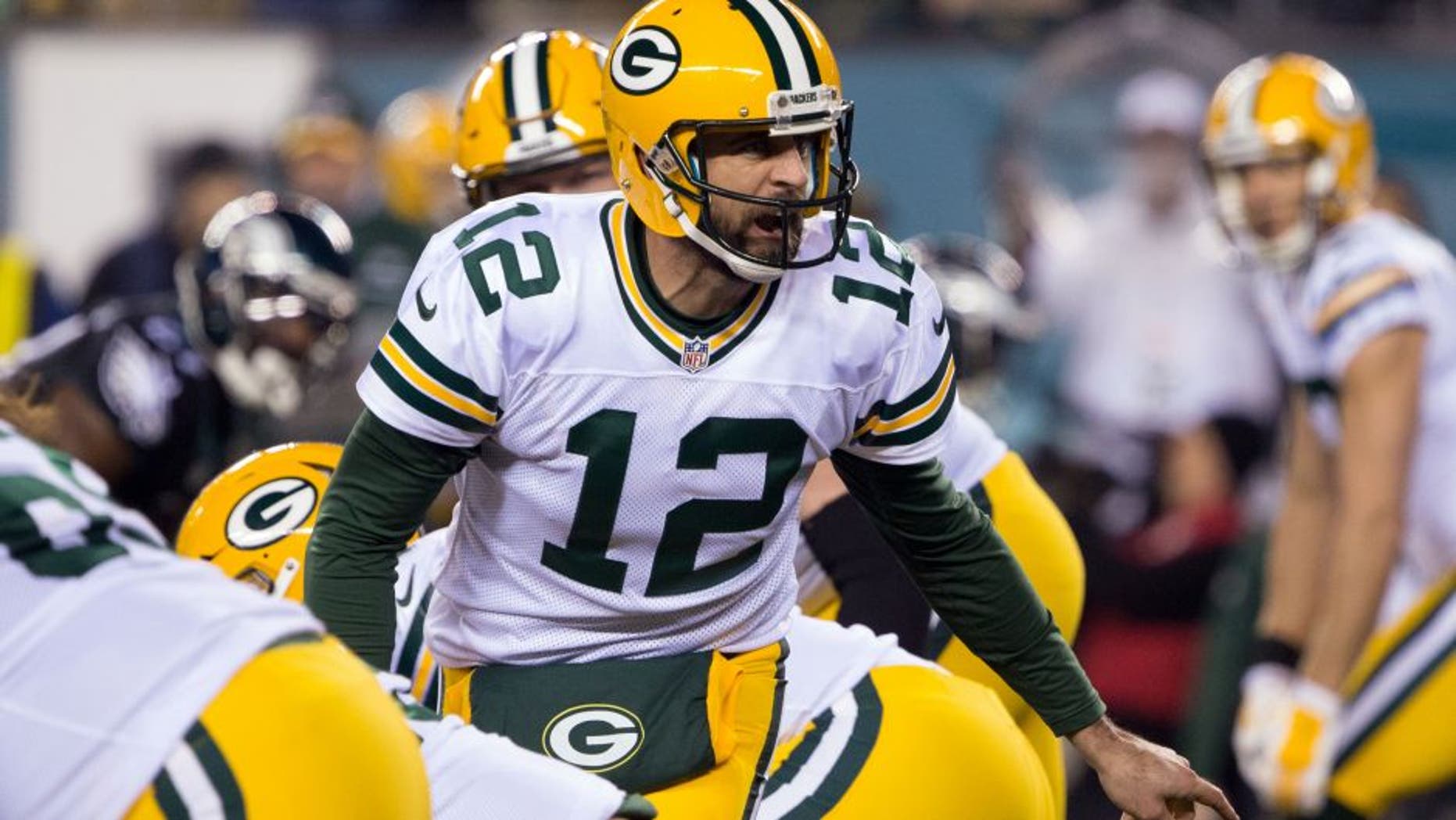 Nov 28, 2016; Philadelphia, PA, USA; Green Bay Packers quarterback Aaron Rodgers (12) calls a play Philadelphia Eagles during the first quarter at Lincoln Financial Field. Mandatory Credit: Bill Streicher-USA TODAY Sports
