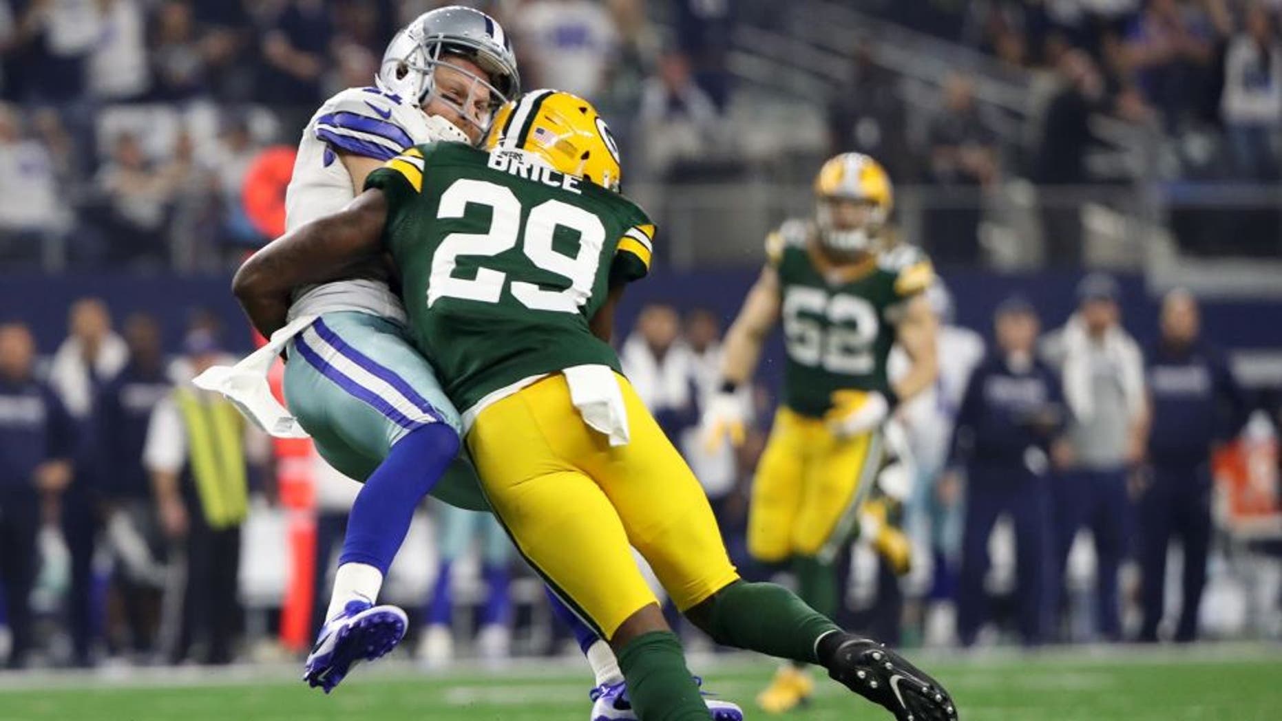 Jan 15, 2017; Arlington, TX, USA; Green Bay Packers defensive back Kentrell Brice (29) tackles Dallas Cowboys wide receiver Cole Beasley (11) during the second quarter in the NFC Divisional playoff game at AT&T Stadium. Mandatory Credit: Kevin Jairaj-USA TODAY Sports