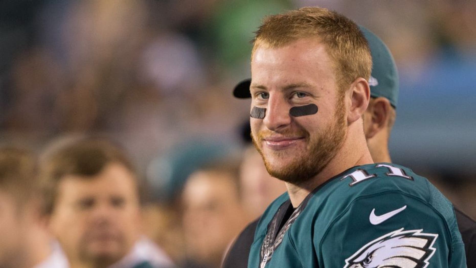 Sep 25, 2016; Philadelphia, PA, USA; Philadelphia Eagles quarterback Carson Wentz (11) on the sideline during action against the Pittsburgh Steelers at Lincoln Financial Field. The Philadelphia Eagles won 34-3. Mandatory Credit: Bill Streicher-USA TODAY Sports