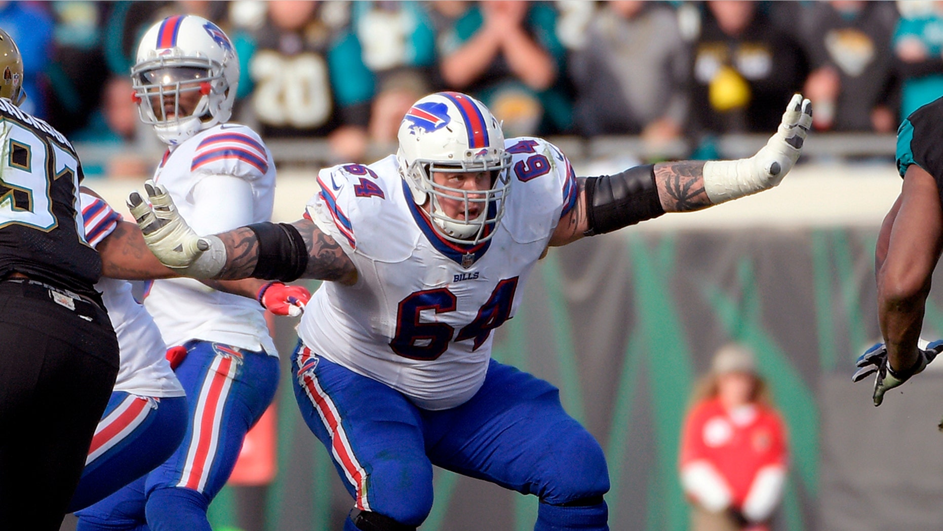Buffalo Bills offensive guard Richie Incognito (64) sets up to block against the Jacksonville Jaguars during the second half of an NFL wild-card playoff football game in Jacksonville, Fla.