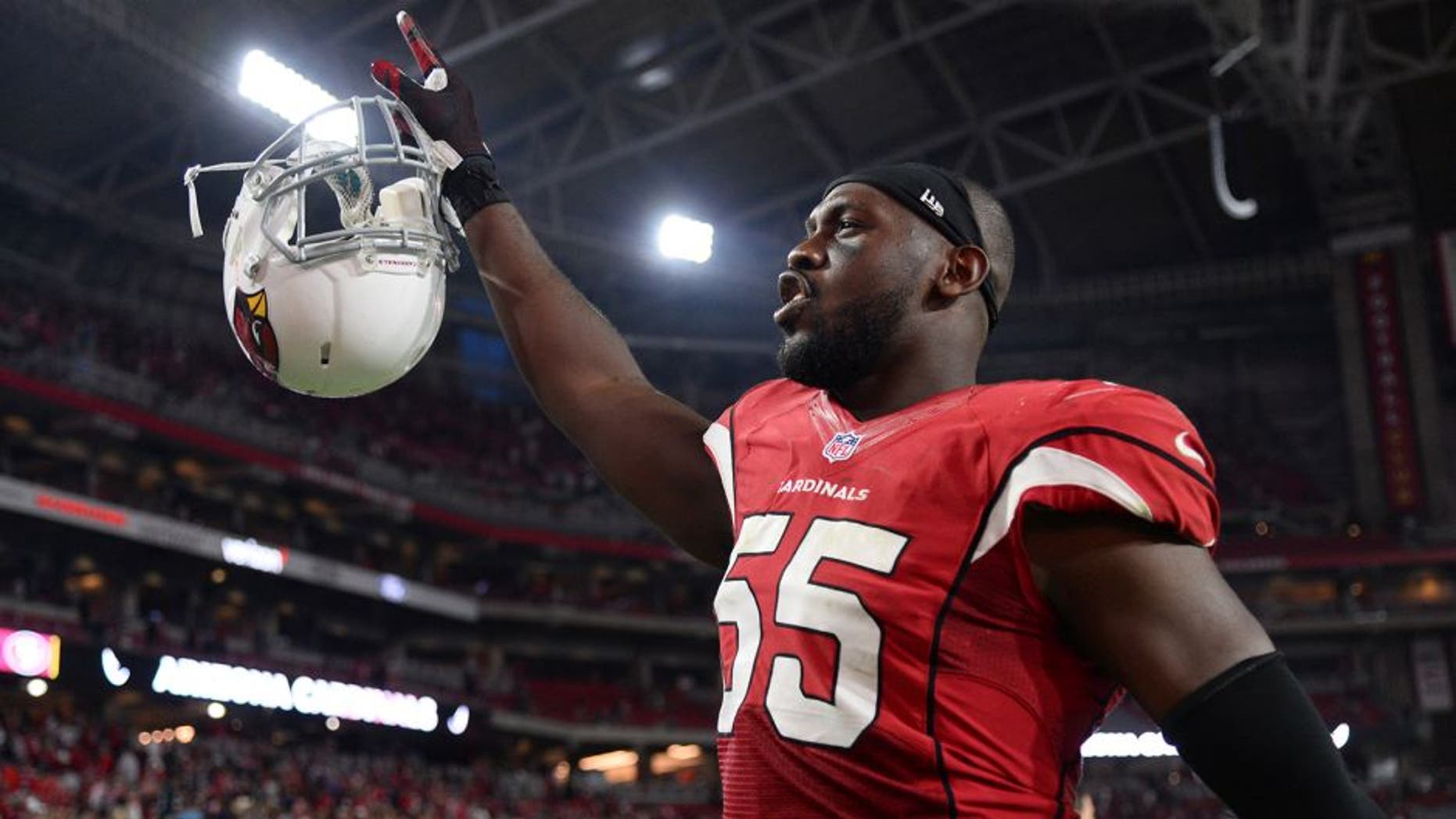 Nov 13, 2016; Glendale, AZ, USA; Arizona Cardinals outside linebacker Chandler Jones (55) leaves the field after the second half against the San Francisco 49ers at University of Phoenix Stadium. The Cardinals won 23-20. Mandatory Credit: Joe Camporeale-USA TODAY Sports