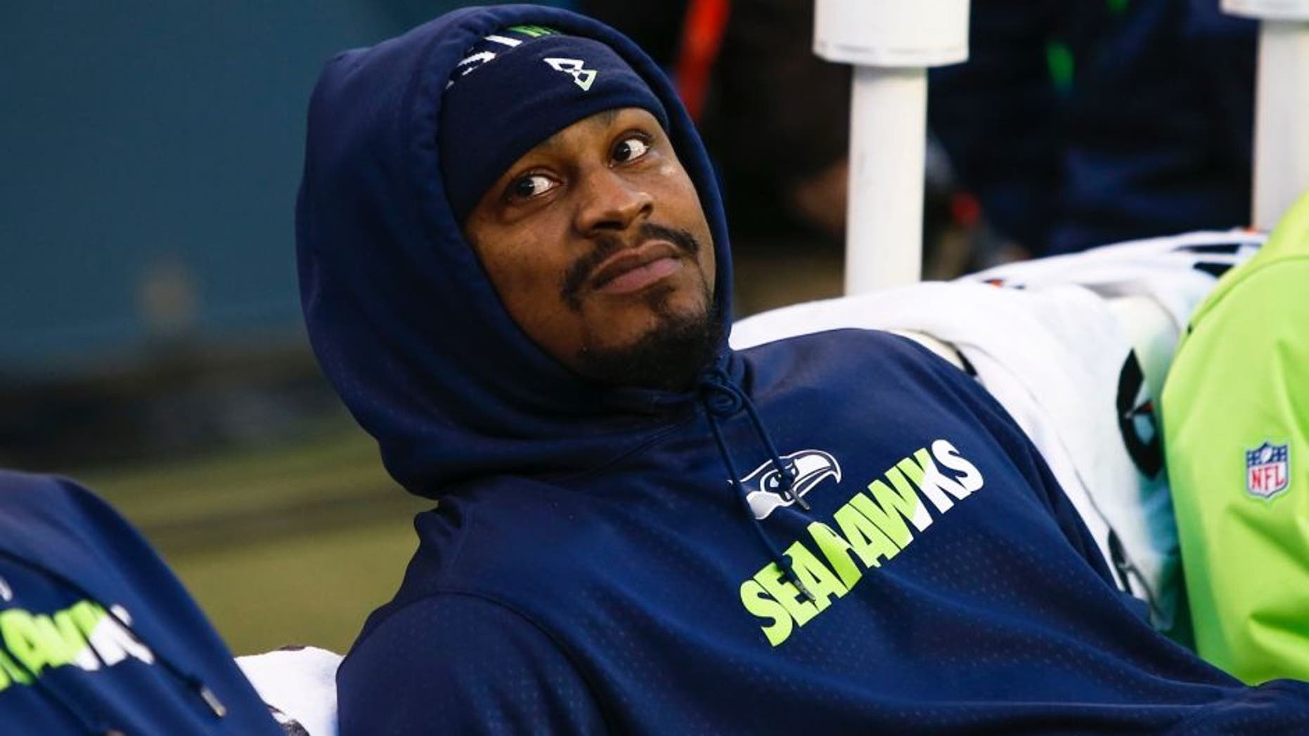 Nov 22, 2015; Seattle, WA, USA; Seattle Seahawks running back Marshawn Lynch (24) sits on the bench during the fourth quarter of a 29-13 Seattle victory against the San Francisco 49ers at CenturyLink Field. Mandatory Credit: Joe Nicholson-USA TODAY Sports