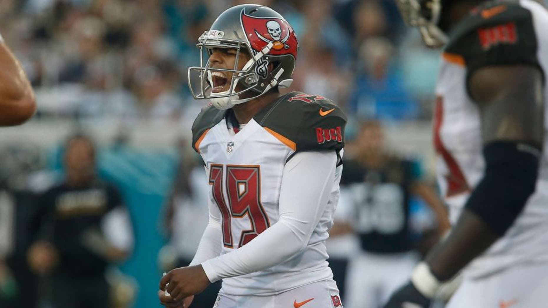 Aug 20, 2016; Jacksonville, FL, USA; Tampa Bay Buccaneers kicker Roberto Aguayo (19) reacts after missing a field goal during the first quarter of a football game against the Jacksonville Jaguars at EverBank Field. Mandatory Credit: Reinhold Matay-USA TODAY Sports