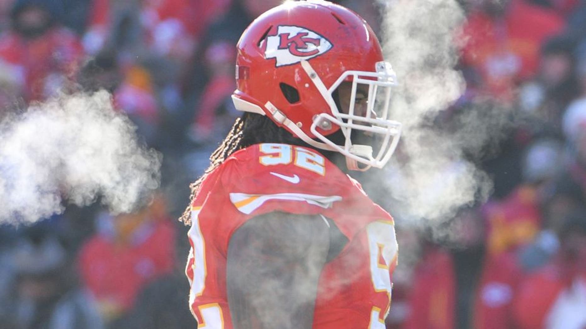 Dec 18, 2016; Kansas City, MO, USA; Steam rises from Kansas City Chiefs nose tackle Dontari Poe (92) before a play during a football game against the Tennessee Titans at Arrowhead Stadium. Tennessee won 19-17. Mandatory Credit: Denny Medley-USA TODAY Sports