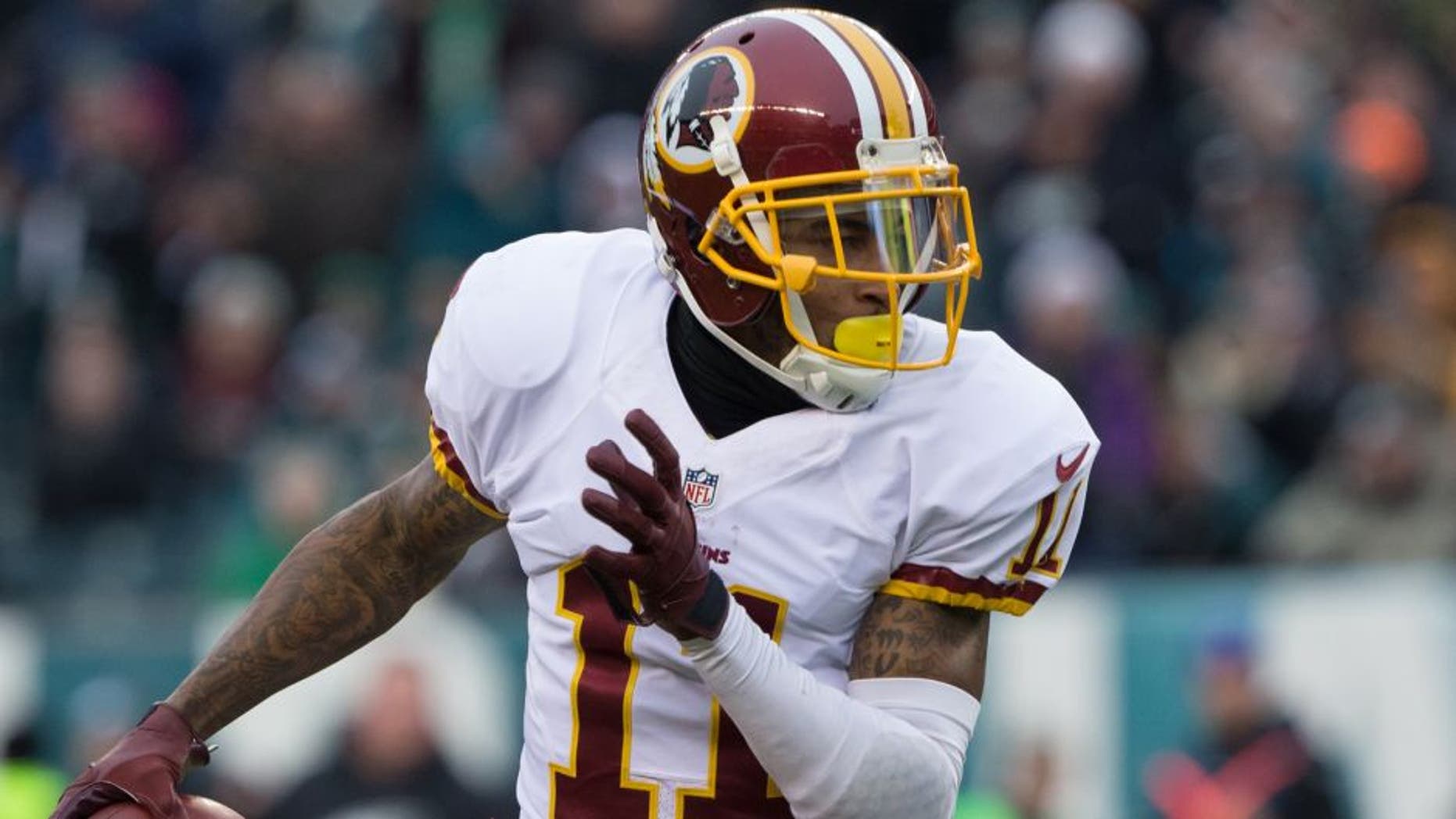 Dec 11, 2016; Philadelphia, PA, USA; Washington Redskins wide receiver DeSean Jackson (11) makes an 80 yard touchdown reception against the Philadelphia Eagles during the third quarter at Lincoln Financial Field. Mandatory Credit: Bill Streicher-USA TODAY Sports