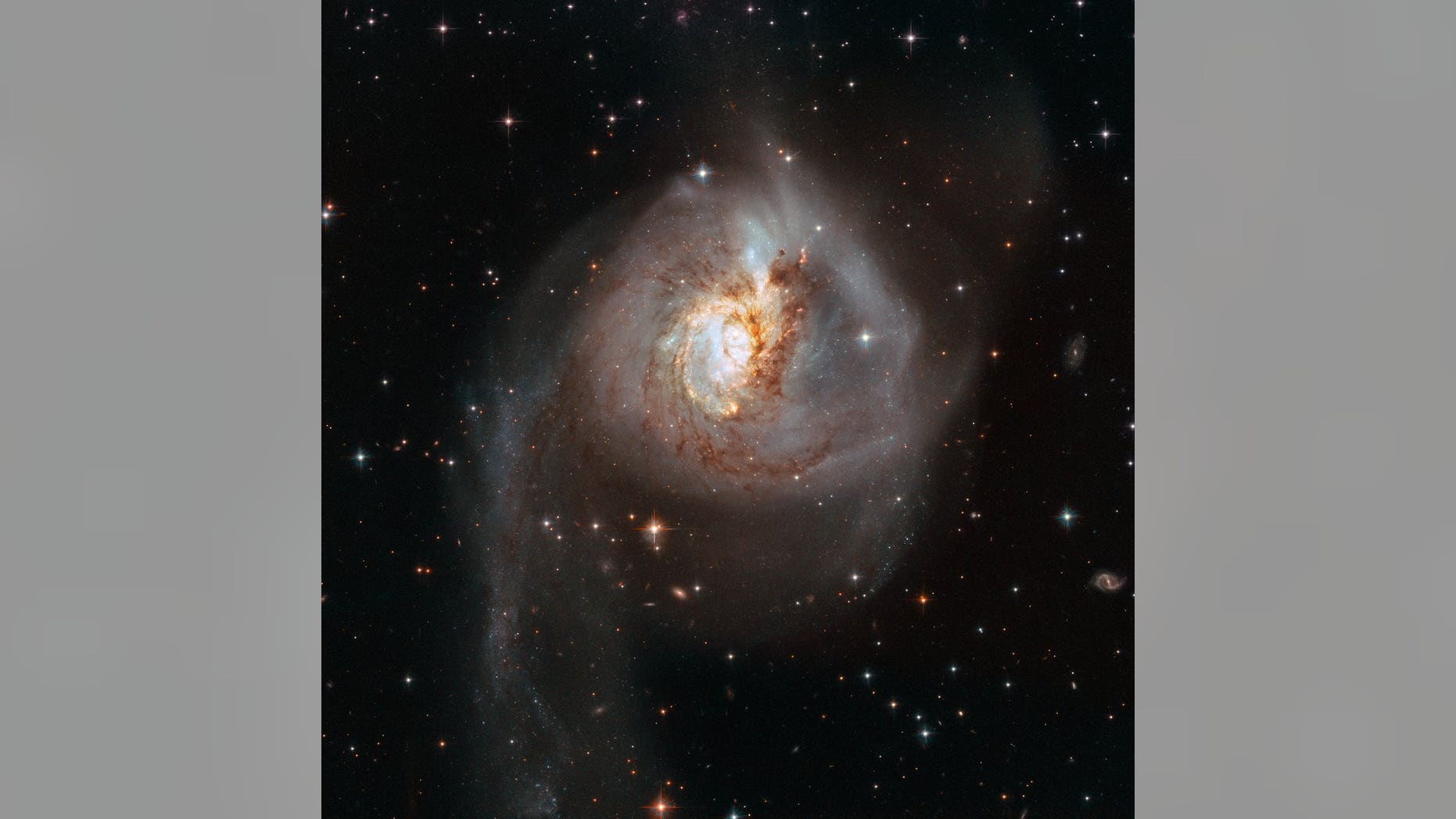 This Hubble Space Telescope image shows the peculiar galaxy NGC 3256. The galaxy is about 100 million light-years from Earth and is the result of a past galactic merger, which created its distorted appearance. As such, NGC 3256 provides an ideal target to investigate starbursts that have been triggered by galaxy mergers.