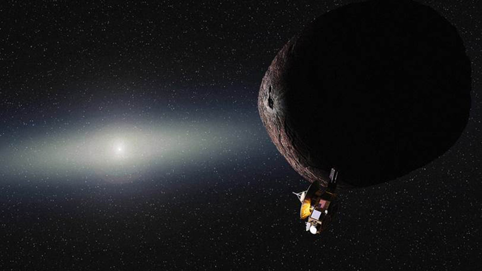 Artist's illustration of NASA's New Horizons spacecraft encountering a small Kuiper Belt object (KBO) beyond Pluto. The probe will fly by the KBO 2014 MU69 on Jan. 1, 2019, if NASA approves and funds a proposed