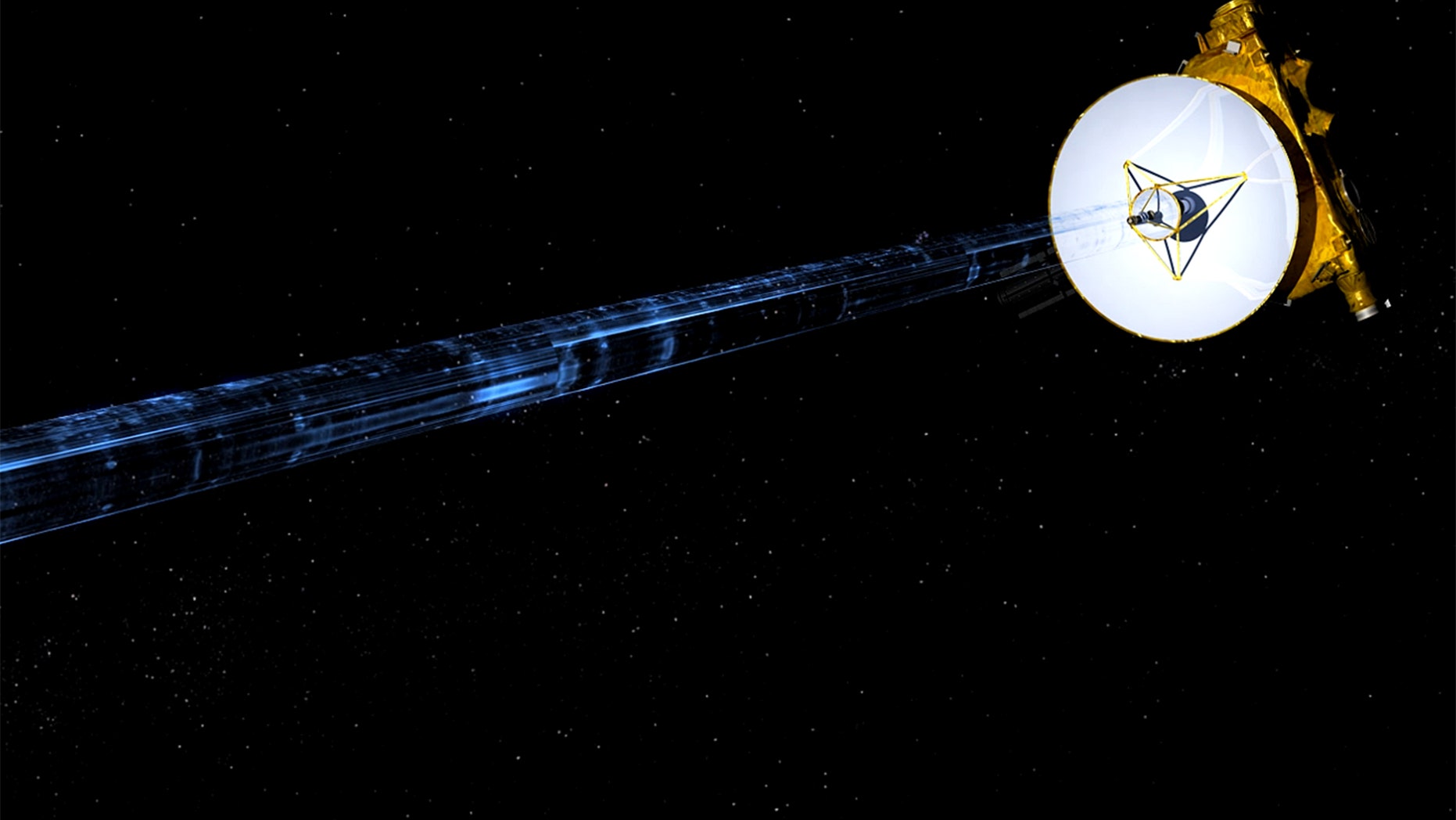 Artist’s illustration of NASA’s New Horizons spacecraft transmitting data back to Earth. (NASA/JHUAPL/SwRI)
