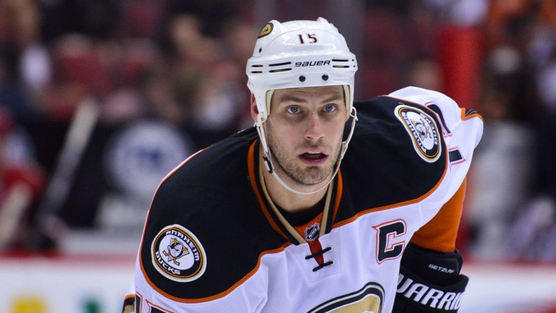 Feb 20, 2017; Glendale, AZ, USA; Anaheim Ducks center Ryan Getzlaf (15) looks on during a face off in the third period against the Arizona Coyotes at Gila River Arena. Mandatory Credit: Matt Kartozian-USA TODAY Sports
