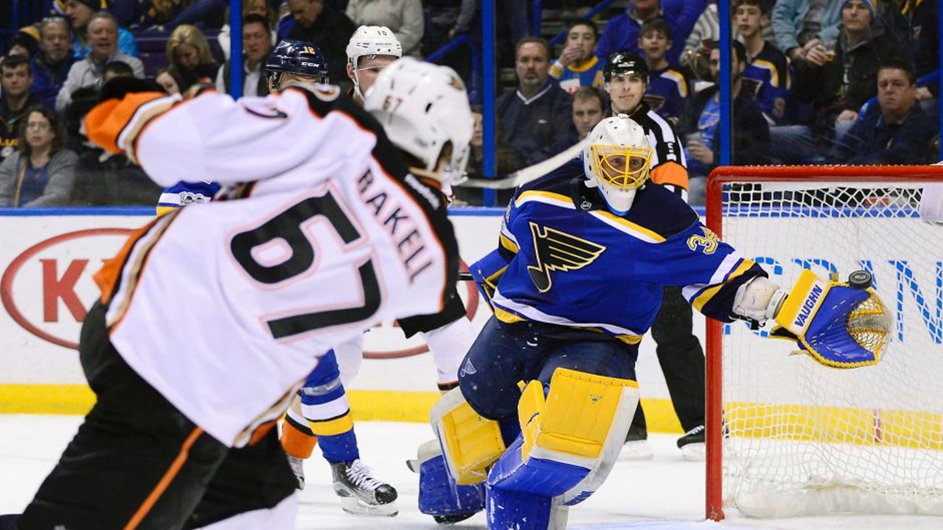 Mar 10, 2017; St. Louis, MO, USA; St. Louis Blues goalie Jake Allen (34) is unable to save a goal scored by Anaheim Ducks center Rickard Rakell (67) during the first period at Scottrade Center. Mandatory Credit: Jeff Curry-USA TODAY Sports