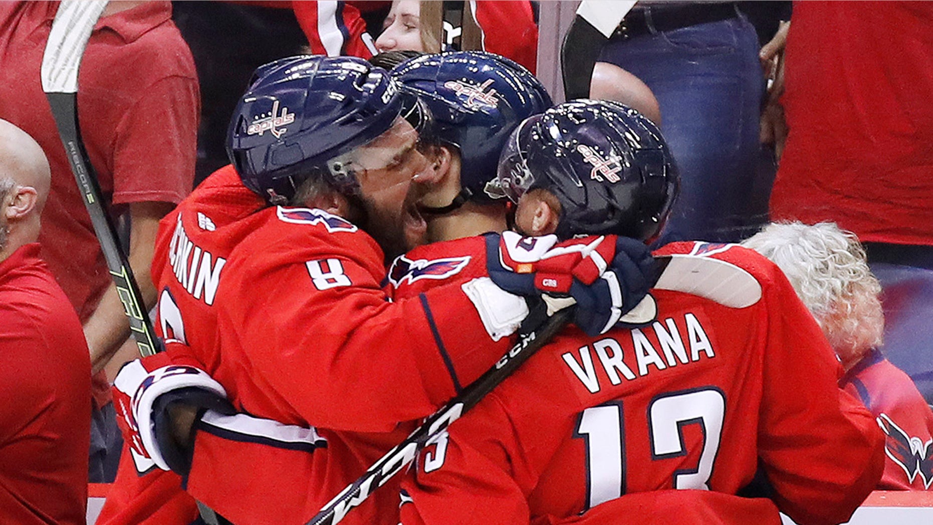 Washington Capitals forward Alex Ovechkin, left, and Washington Capitals forward Jakub Vrana, right, celebrate one of their team's goals against the Vegas Golden Knights during the third period.