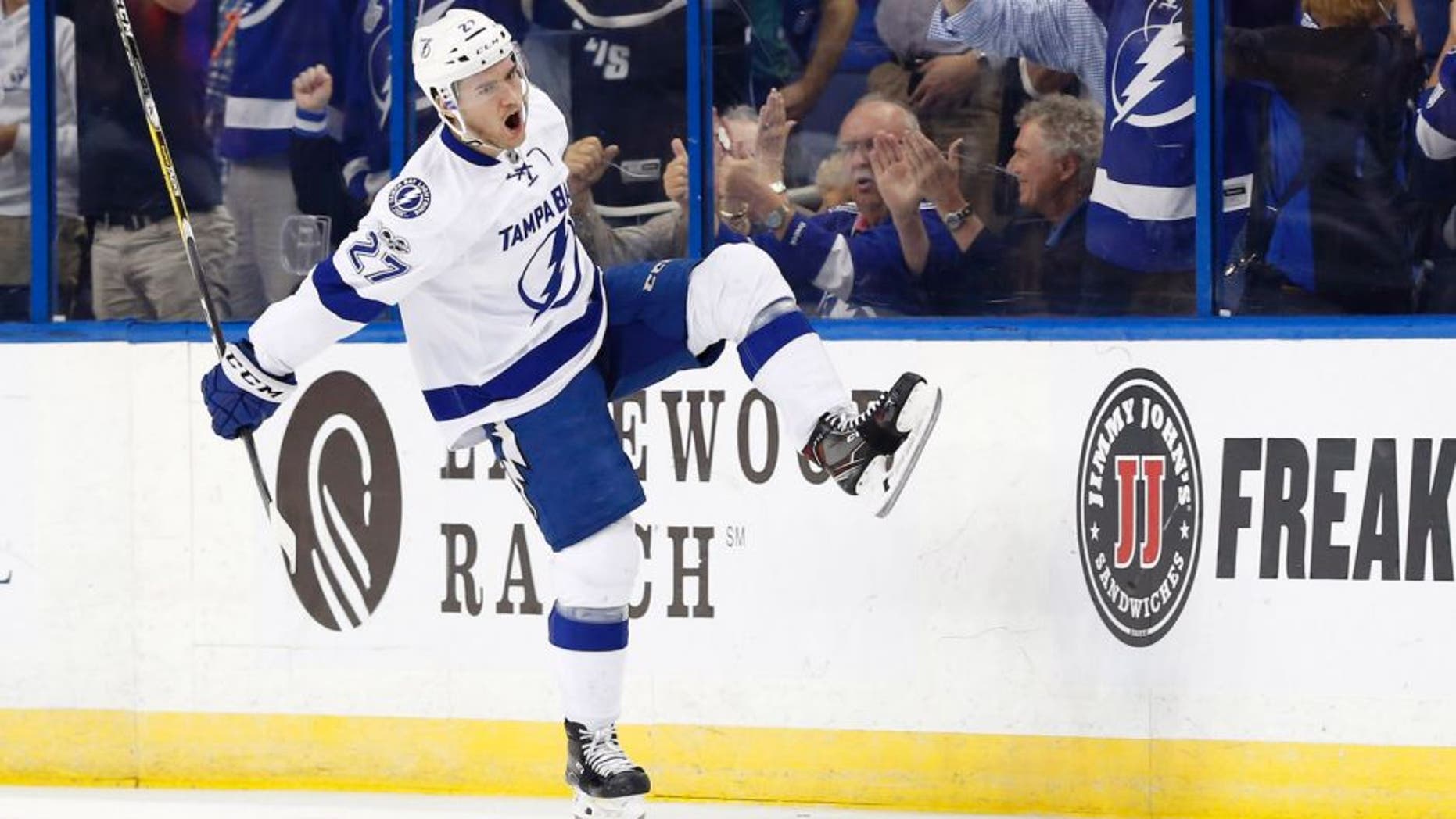 Feb 7, 2017; Tampa, FL, USA; Tampa Bay Lightning left wing Jonathan Drouin (27) celebrates after his goal against the Los Angeles Kings during the first period at Amalie Arena. Mandatory Credit: Kim Klement-USA TODAY Sports