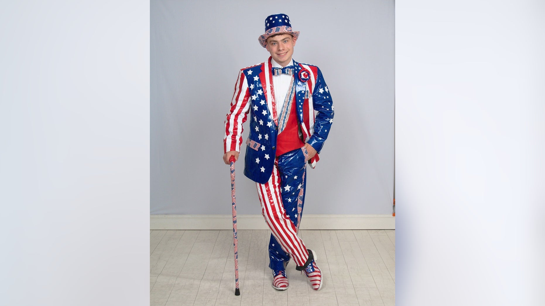 Nicholas Matawa shows off his tuxedo that he made entirely out of duct tape.