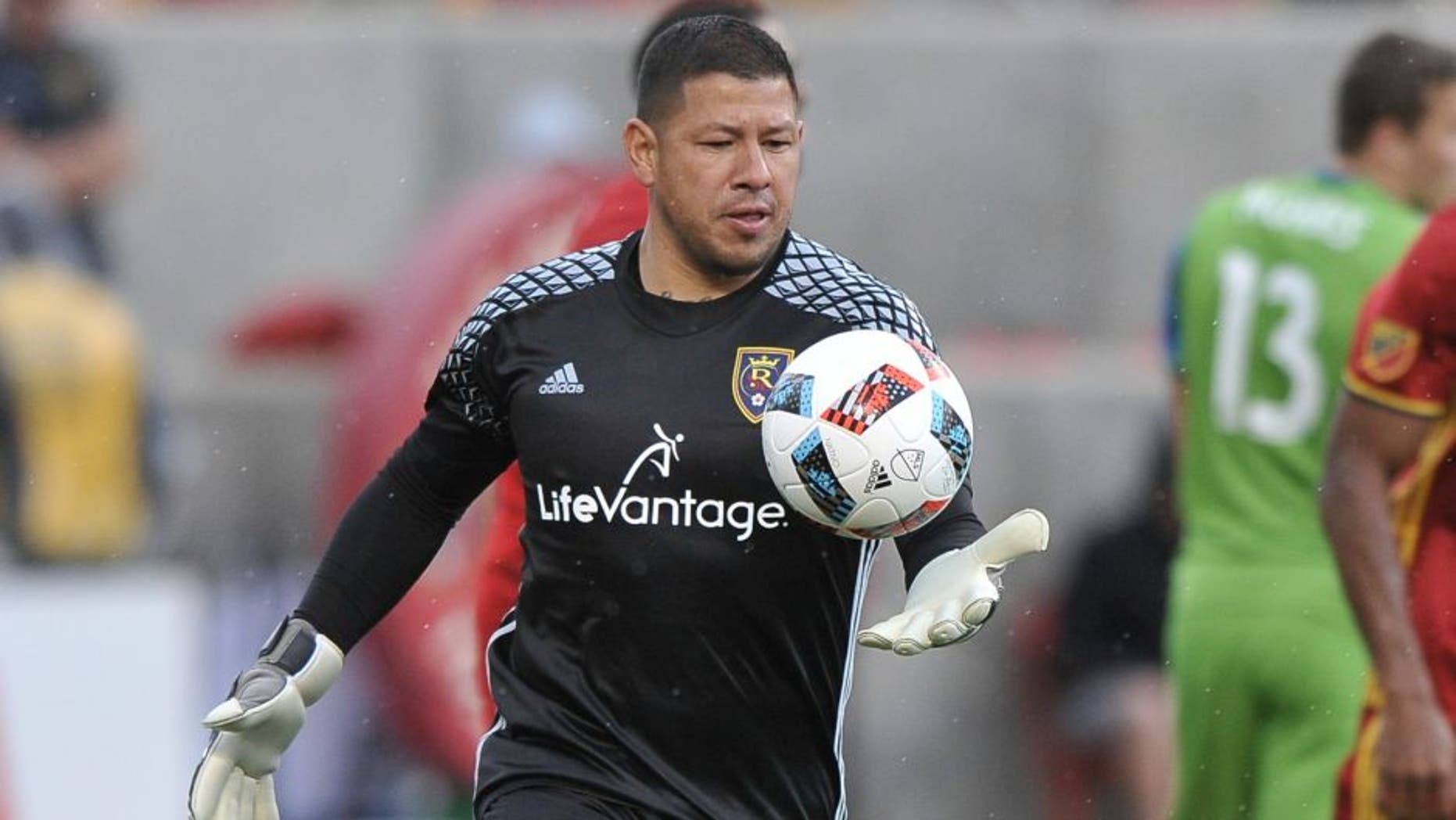 SANDY, UT - MARCH 12: Goalie Nick Rimando #18 of Real Salt Lake eyes the ball in the game against Seattle Sounders FC at Rio Tinto Stadium on March 12, 2016 in Sandy, Utah. (Photo by Gene Sweeney Jr/Getty Images)