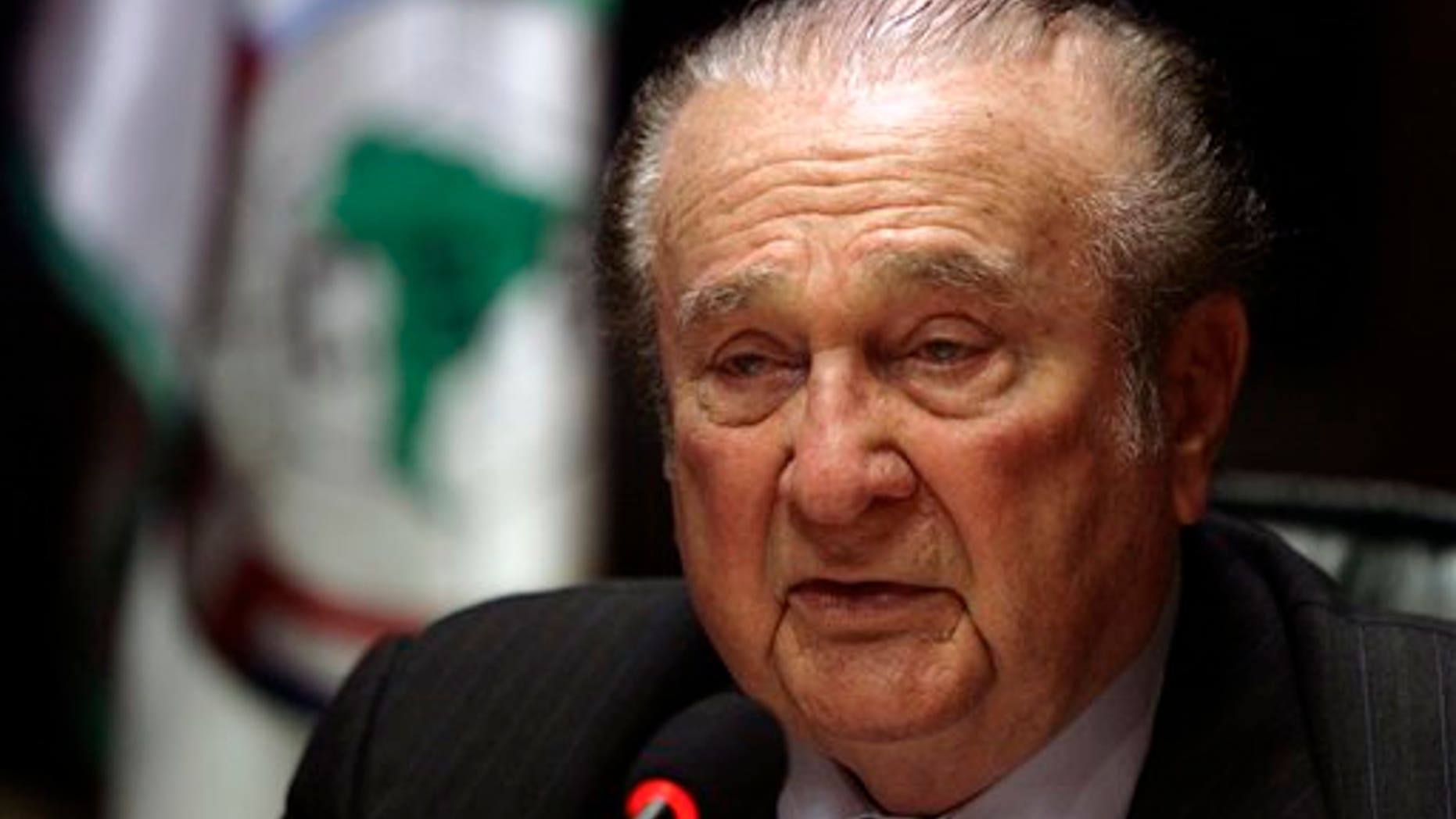 Conmebol's President Nicolas Leoz speaks during a press conference in Asuncion, in this Friday, May 8, 2009 file photo. Two European newspapers say they have obtained a document naming three FIFA executive committee members who allegedly received secret payments from world football's former marketing agency. The allegations come three days before the trio are to take part in FIFA's vote on the hosts for the 2018 and 2002 World Cups. Swiss newspaper Tages-Anzeiger and Germany's Sueddeutsche Zeitung identify them as Ricardo Teixeira of Brazil, Nicolas Leoz of Paraguay and Issa Hayatou of Cameroon. (AP Photo/Jorge Saenz, file)