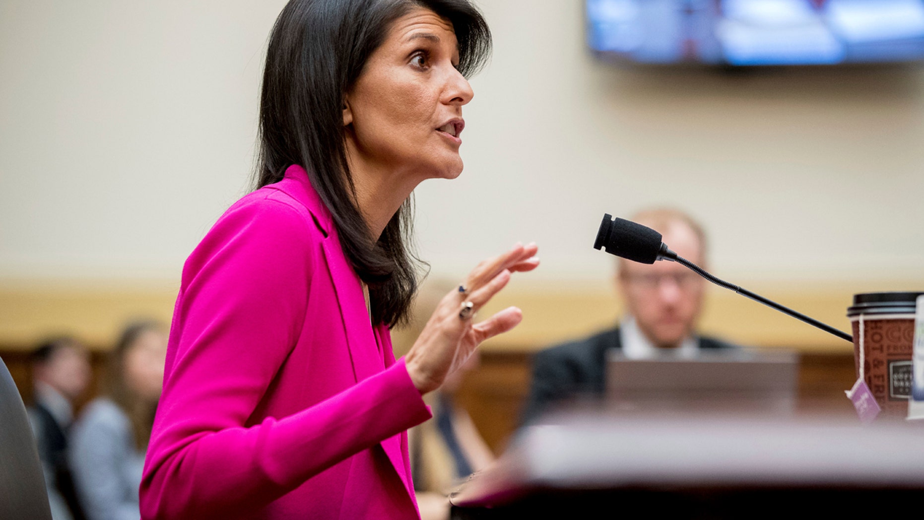 U.S. Ambassador to the UN Nikki Haley testifies on Capitol Hill in Washington, Wednesday, June 28, 2017, before the House Foreign Affairs Committee hearing: 'Advancing U.S. Interests at the United Nations'.