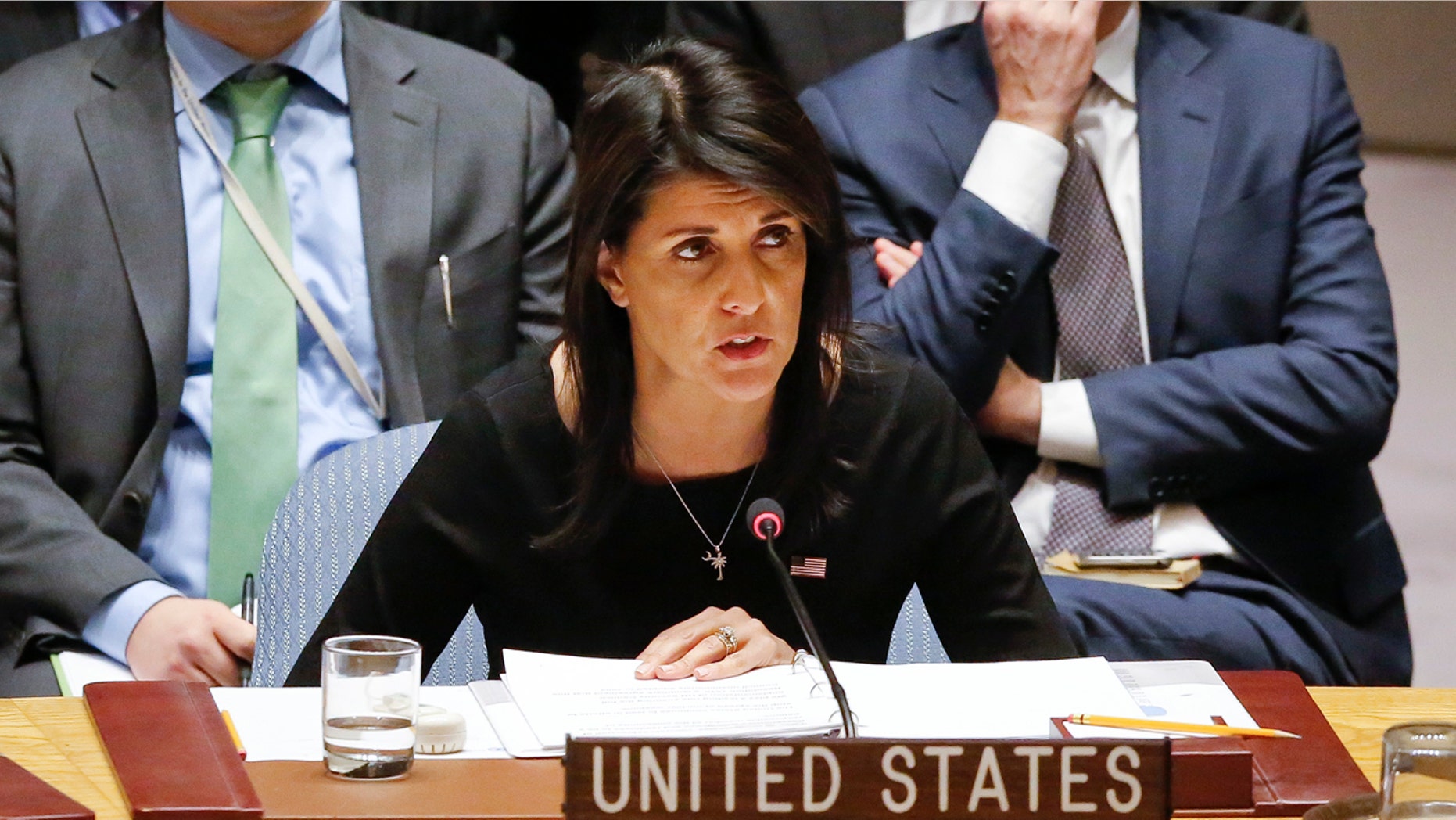 United Nations U.S. Ambassador Nikki Haley address a U.N. Security Council meeting on non-proliferation of weapons of mass destruction, Thursday Jan. 18, 2018 at U.N. headquarters. (AP Photo/Bebeto Matthews)