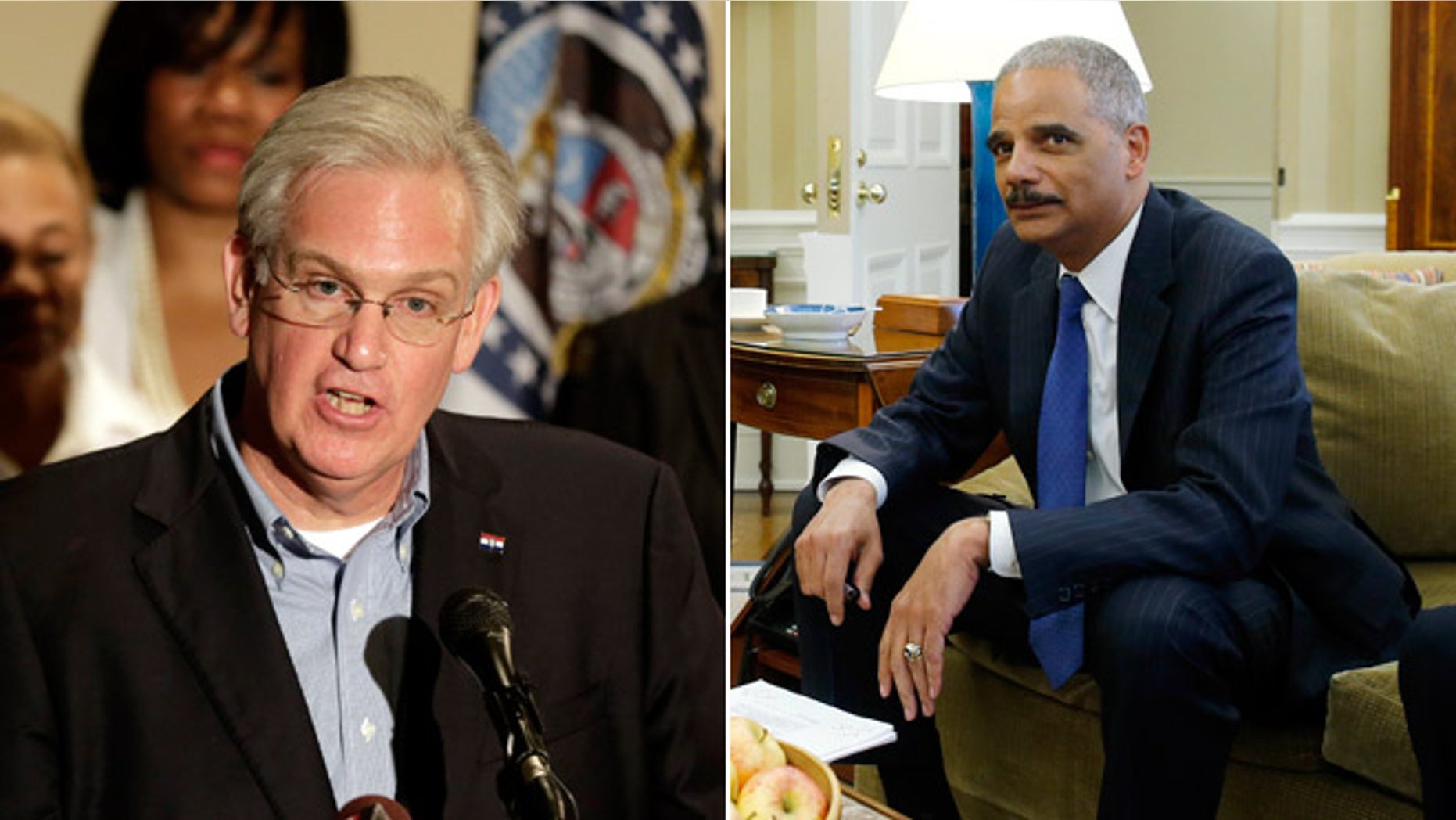 Missouri Gov. Jay Nixon speaks at a news conference, Saturday, Aug. 16, 2014, in Ferguson, Mo. and Attorney General Eric Holder in the Oval Office of the White House in Washington on Monday, Aug. 18, 2014.