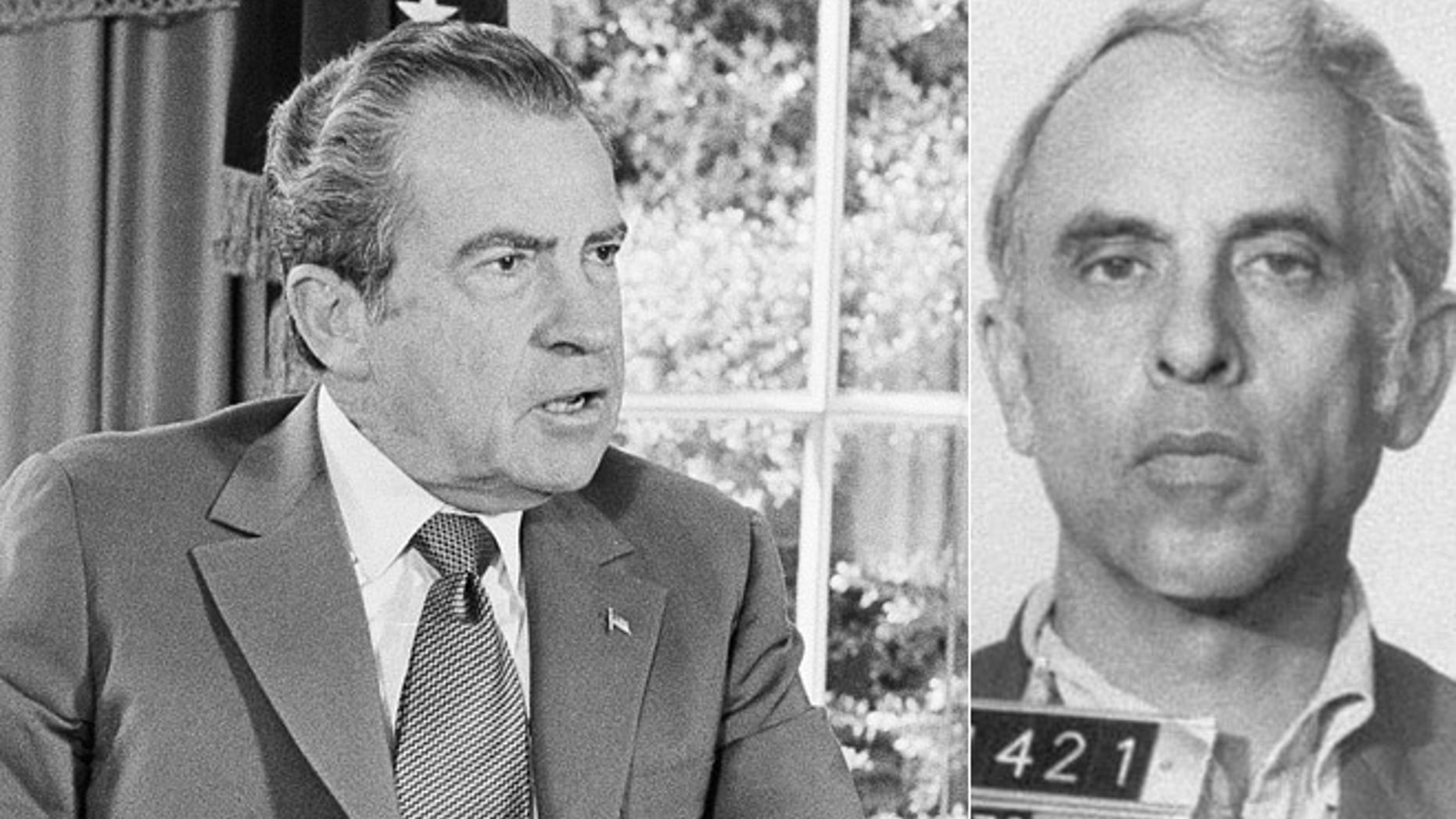 At left, President Richard Nixon is shown in the Oval Office in Oct. 13, 1973; at right, Eugenio R. Martinez, a CIA mole involved in the Watergate break-in.