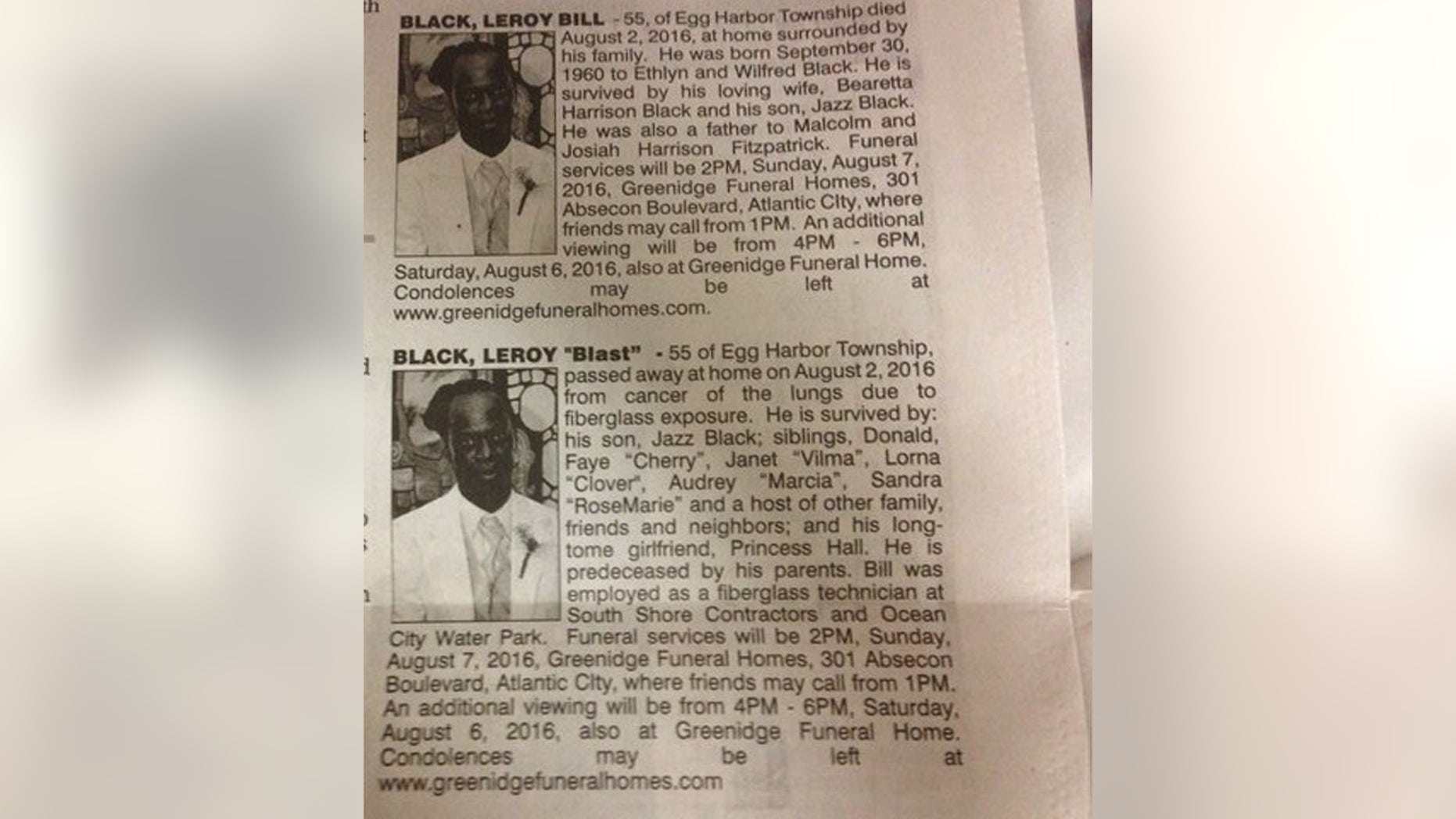 Aug. 5, 2016: Dueling obituaries for Leroy Black are seen in the Press of Atlantic City