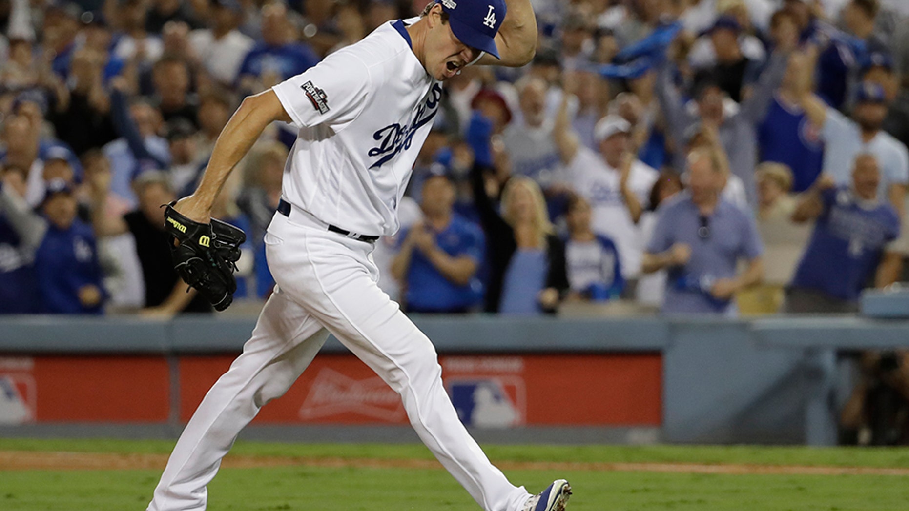 Oct. 18, 2016: Los Angeles Dodgers starting pitcher Rich Hill reacts after striking out Chicago Cubs' Anthony Rizzo during the sixth inning of Game 3 of the National League baseball championship series in Los Angeles