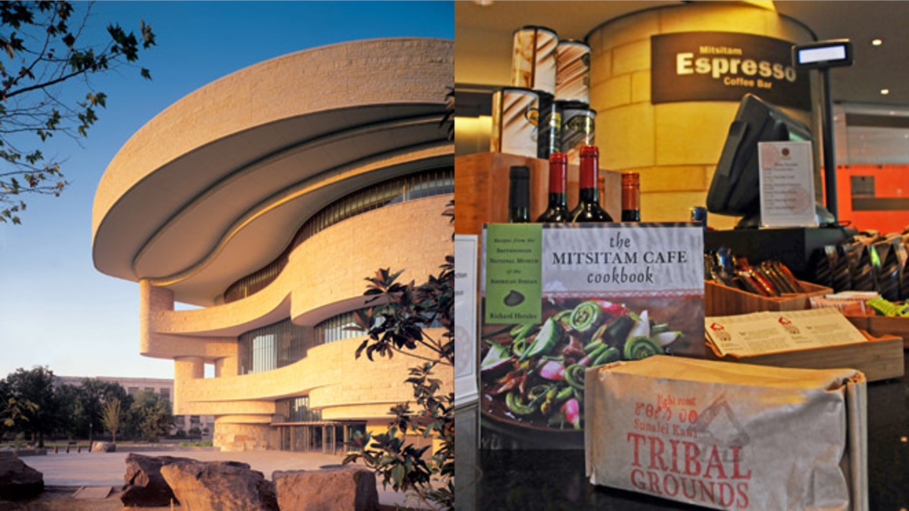 The Smithsonian’s National Museum of the American Indian in Washington, D.C. (left) and its newsstand and coffee bar in the Mitsitam Cafe.