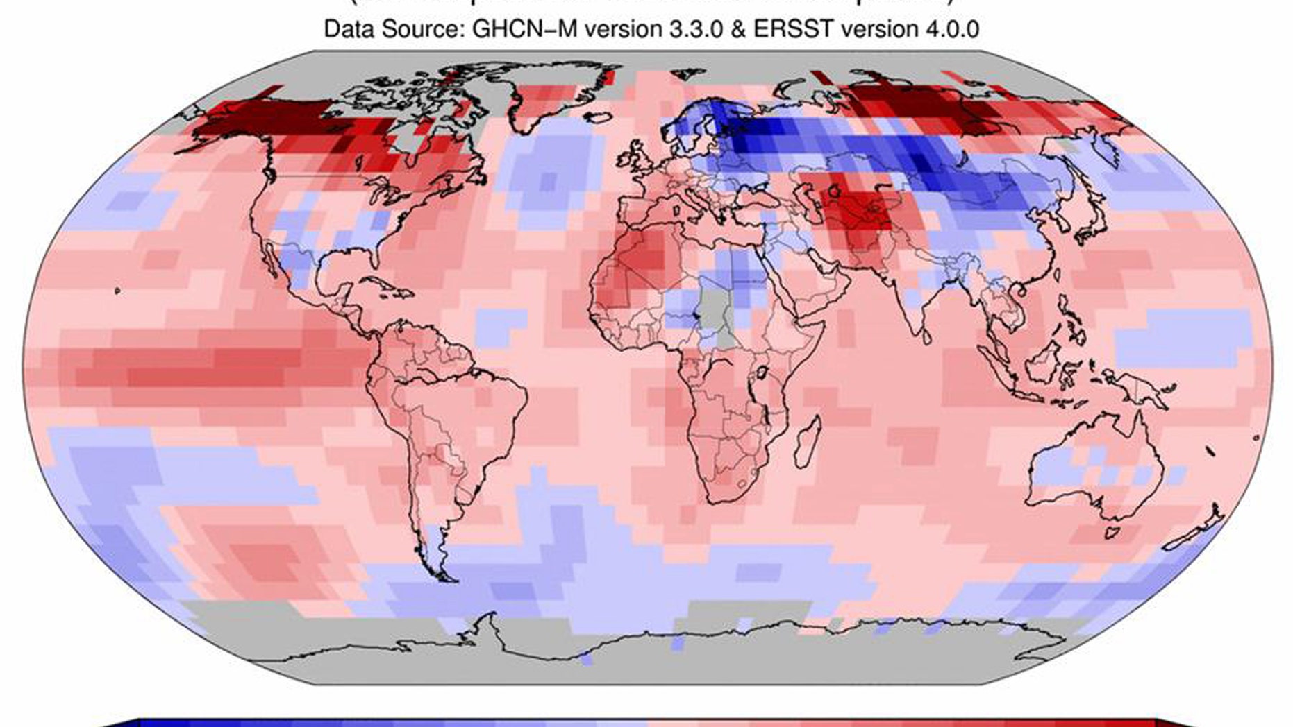 This image provided by The National Oceanic and Atmospheric Administration (NOAA) shows a map worldwide temperatures for the month of January, 2016. Earths string of hottest months on record extends to nine straight with last month notching the hottest January. But NASA said January was even more unusual, breaking the record for having the most above normal temperature for any month. (The National Oceanic and Atmospheric Administration via AP)