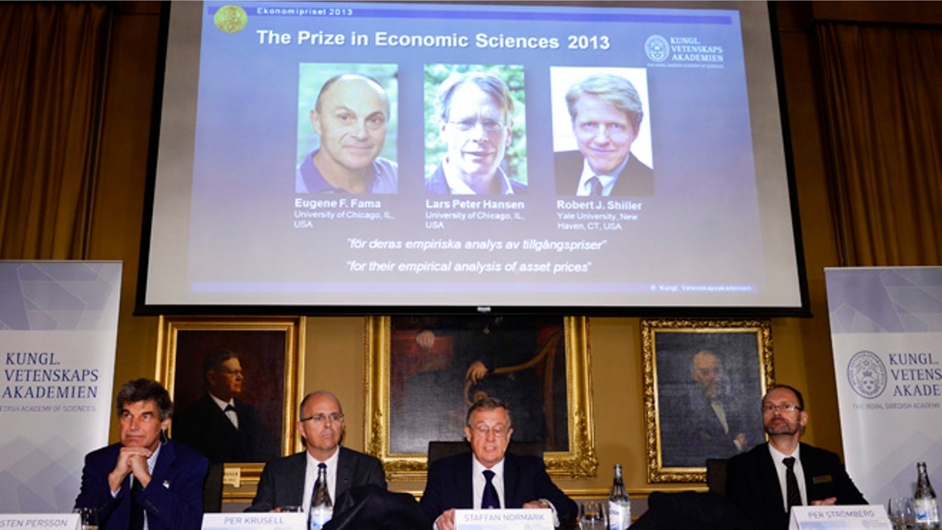 Oct. 14, 2013: The Royal Swedish Academy of Sciences Torsten Persson, from left, Per Krusell, Staffan Normark and Per Stromberg announce the winners of 2013 Nobel Memorial Prize in Economic Sciences as Eugene Fama, Lars Peter Hansen and Robert Shiller during a press conference at the Royal Swedish Academy of Sciences in Stockholm.
