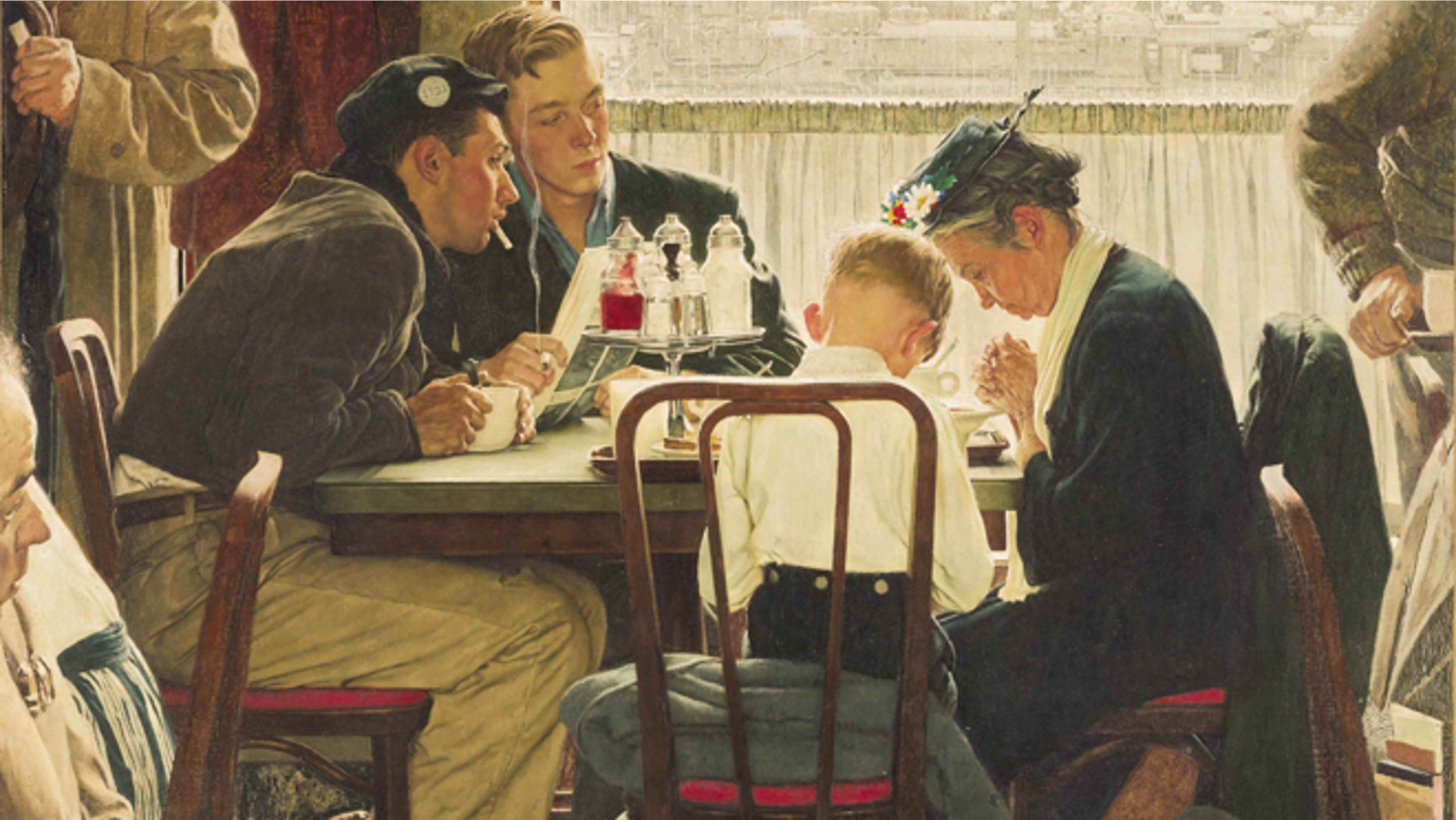 This undated file photo provided by Sotheby's shows the popular Norman Rockwell masterpiece "Saying Grace," which is heading for the auction block. It is among seven works by The Saturday Evening Post illustrator going on sale at Sotheby's in New York on Dec. 4.