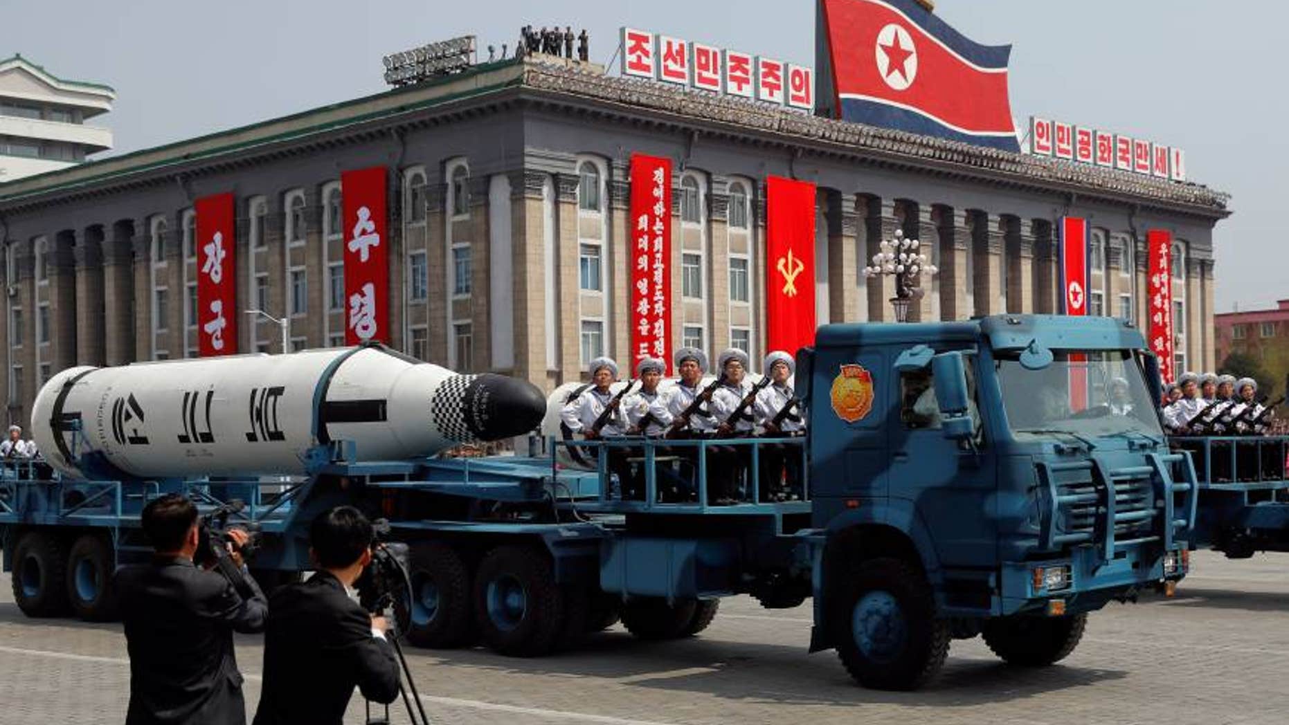 A North Korean navy truck carries the Pukkuksong submarine-launched ballistic missile (SLBM) during a military parade marking the 105th birth anniversary of country's founding father, Kim Il Sung in Pyongyang on April 15.