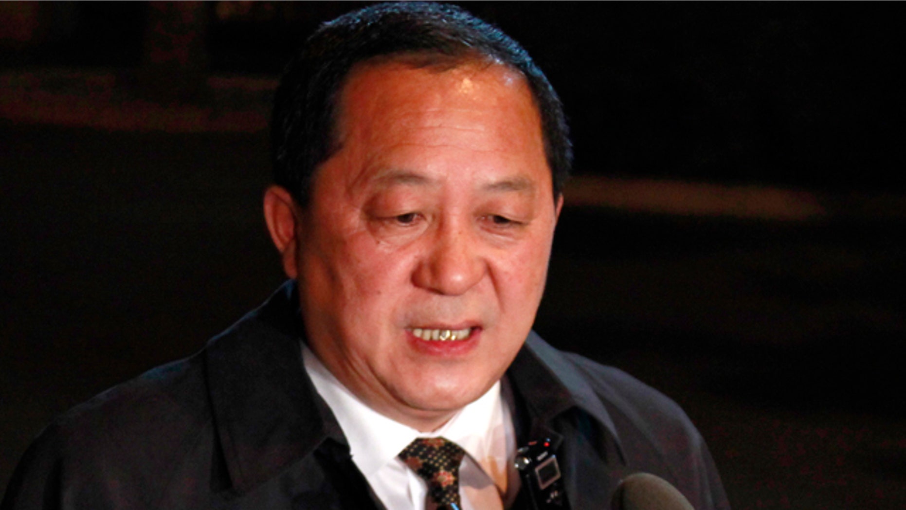 March 19, 2012: Ri Yong Ho, a vice minister of North Korea's Ministry of Foreignffairs, speaks to journalists gathered outside the Diaoyutai state guest house in Beijing.
