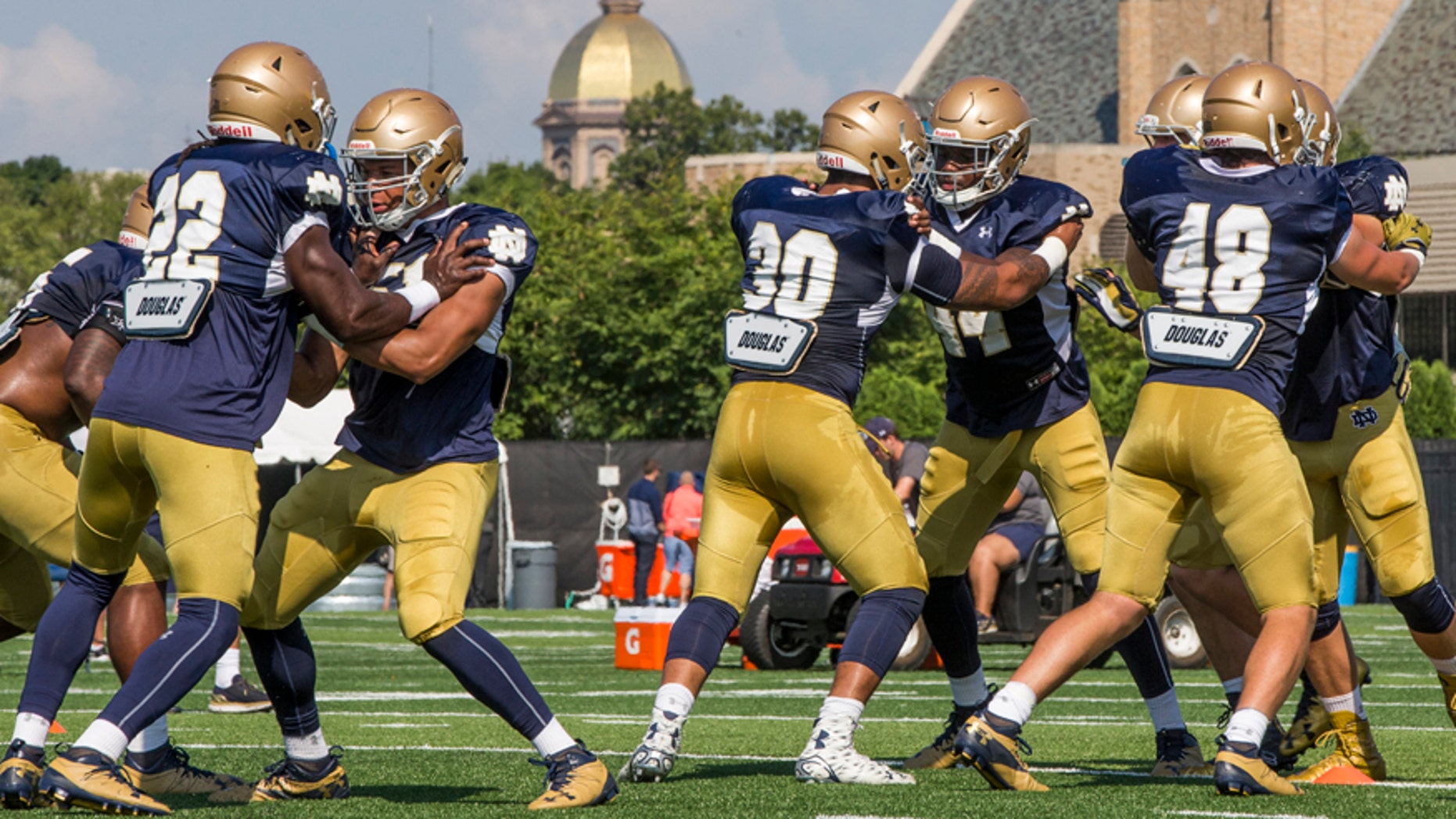Aug. 17, 2016: Notre Dame NCAA college football linebackers practice during Notre Dame Football Media Day.