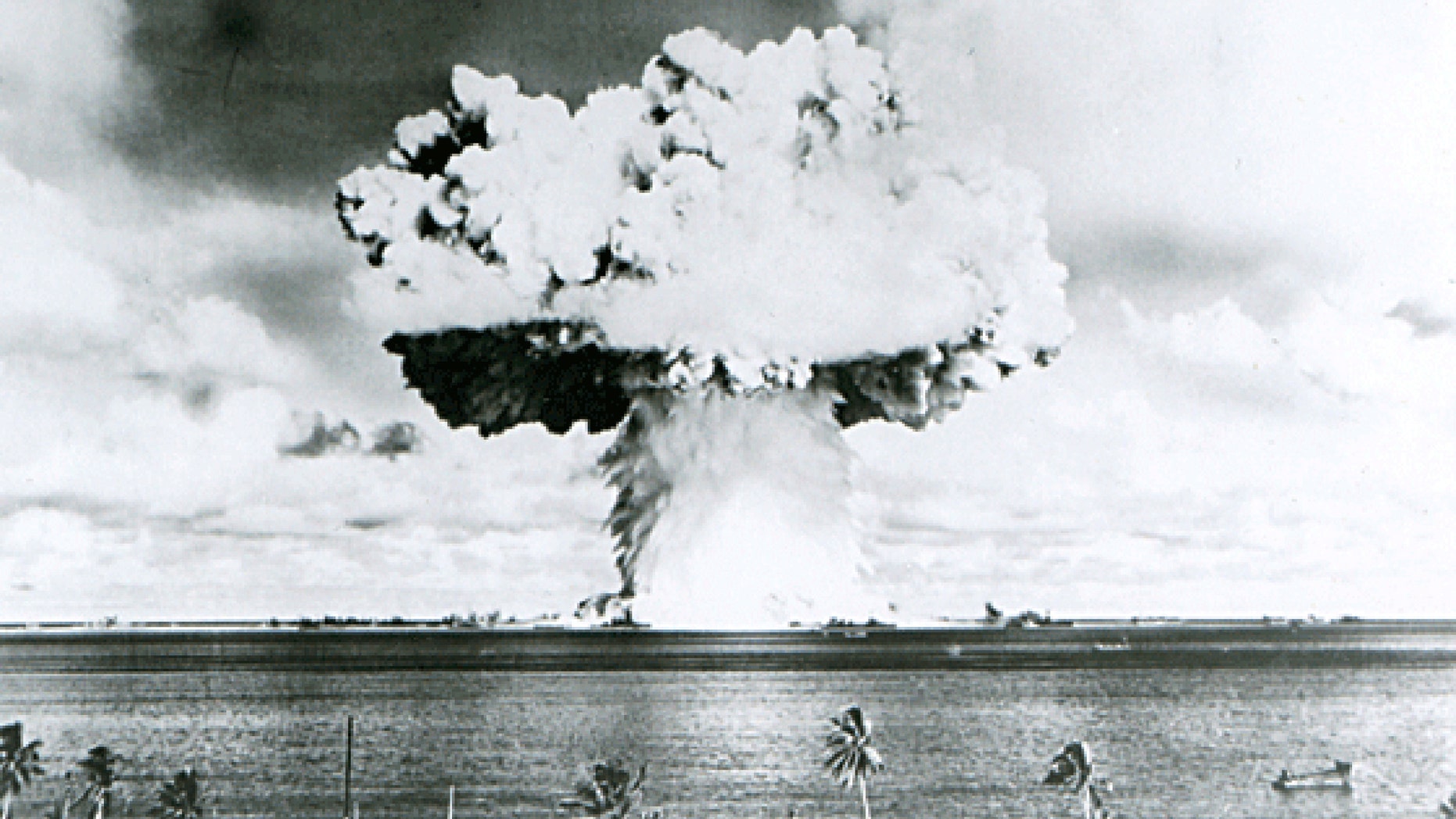 This U.S. Navy handout image shows Baker, the second of the two atomic bomb tests, in which a 63-kiloton warhead was exploded 90 feet under water as part of Operation Crossroads, conducted at Bikini Atoll in July 1946 to measure nuclear weapon effects on warships. (REUTERS/U.S. Navy/Handout via Reuters)