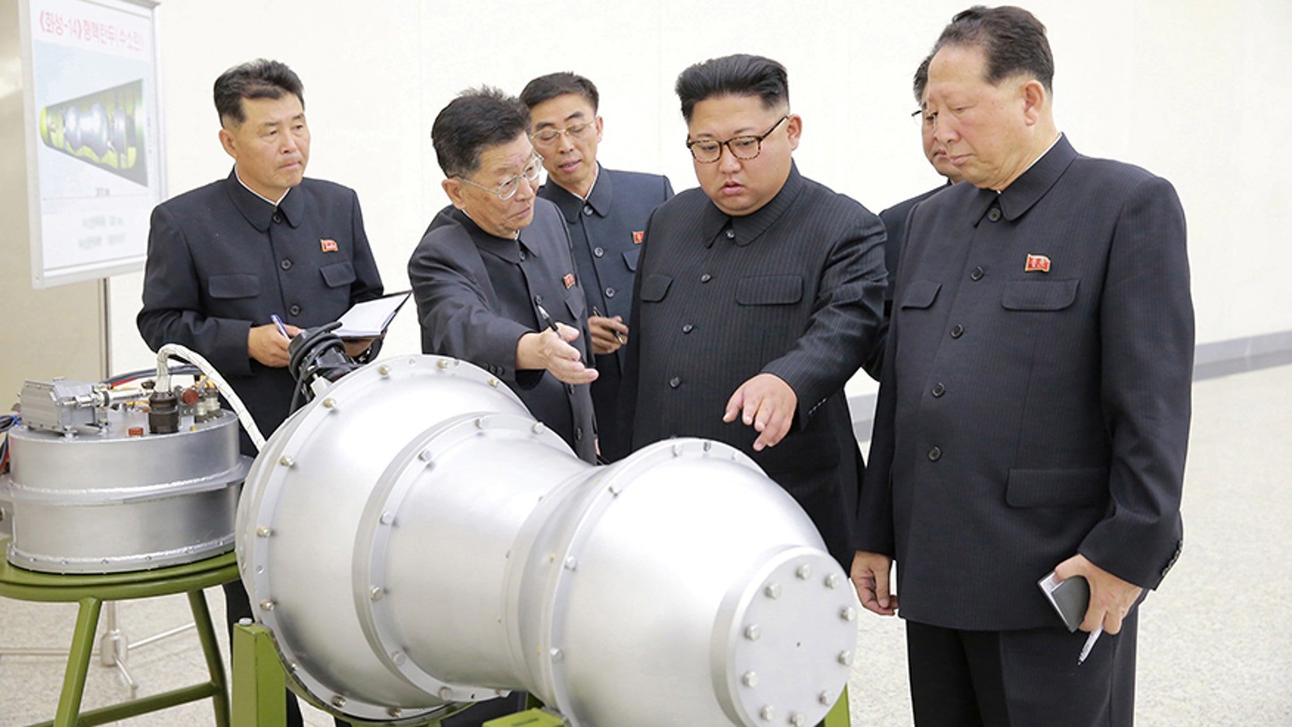 North Korean leader Kim Jong Un provides guidance with Ri Hong Sop (2nd L) and Hong Sung Mu (R) on a nuclear weapons program in this undated photo released by North Korea's Korean Central News Agency (KCNA) in Pyongyang September 3, 2017. KCNA via REUTERS ATTENTION EDITORS - THIS PICTURE WAS PROVIDED BY A THIRD PARTY. REUTERS IS UNABLE TO INDEPENDENTLY VERIFY THE AUTHENTICITY, CONTENT, LOCATION OR DATE OF THIS IMAGE. NOT FOR SALE FOR MARKETING OR ADVERTISING CAMPAIGNS. NO THIRD PARTY SALES. NOT FOR USE BY REUTERS THIRD PARTY DISTRIBUTORS. SOUTH KOREA OUT. NO COMMERCIAL OR EDITORIAL SALES IN SOUTH KOREA. THIS PICTURE IS DISTRIBUTED EXACTLY AS RECEIVED BY REUTERS, AS A SERVICE TO CLIENTS. TPX IMAGES OF THE DAY - RC18A8521C80